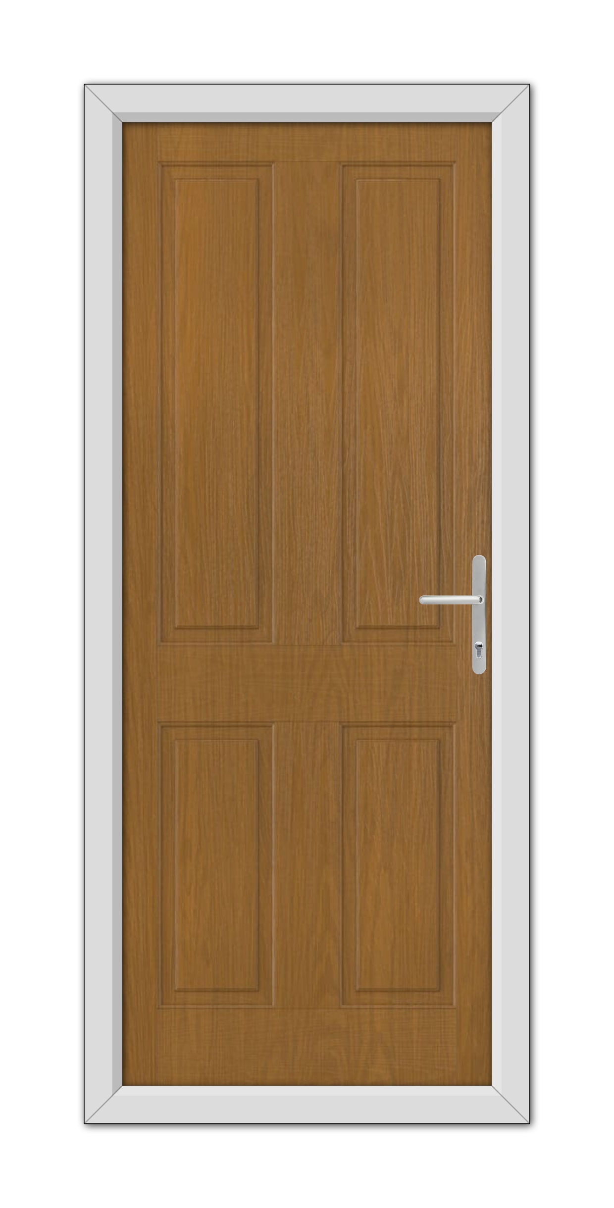 A Oak Whitmore Solid Composite Door 48mm Timber Core with a white frame and a metallic handle on the right side.