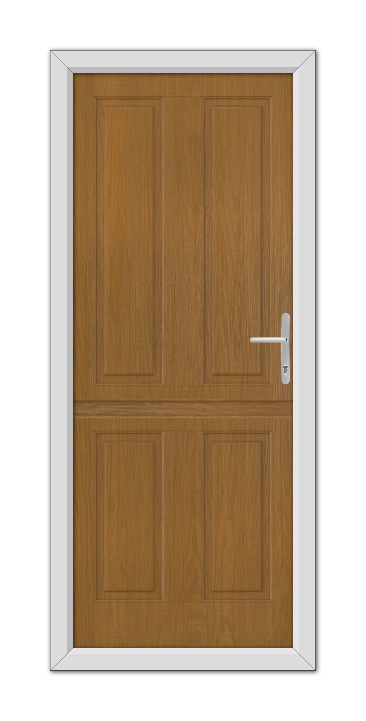 A Oak Whitmore Solid Stable Composite Door 48mm Timber Core with a metal handle, set within a white frame, presented in a frontal view.