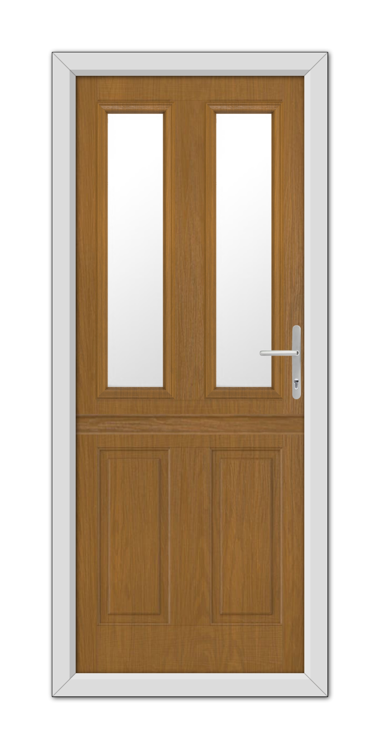 A modern Oak Whitmore Stable Composite Door 48mm Timber Core with glass panels on the upper half and a metal handle on the right, set within a white frame.