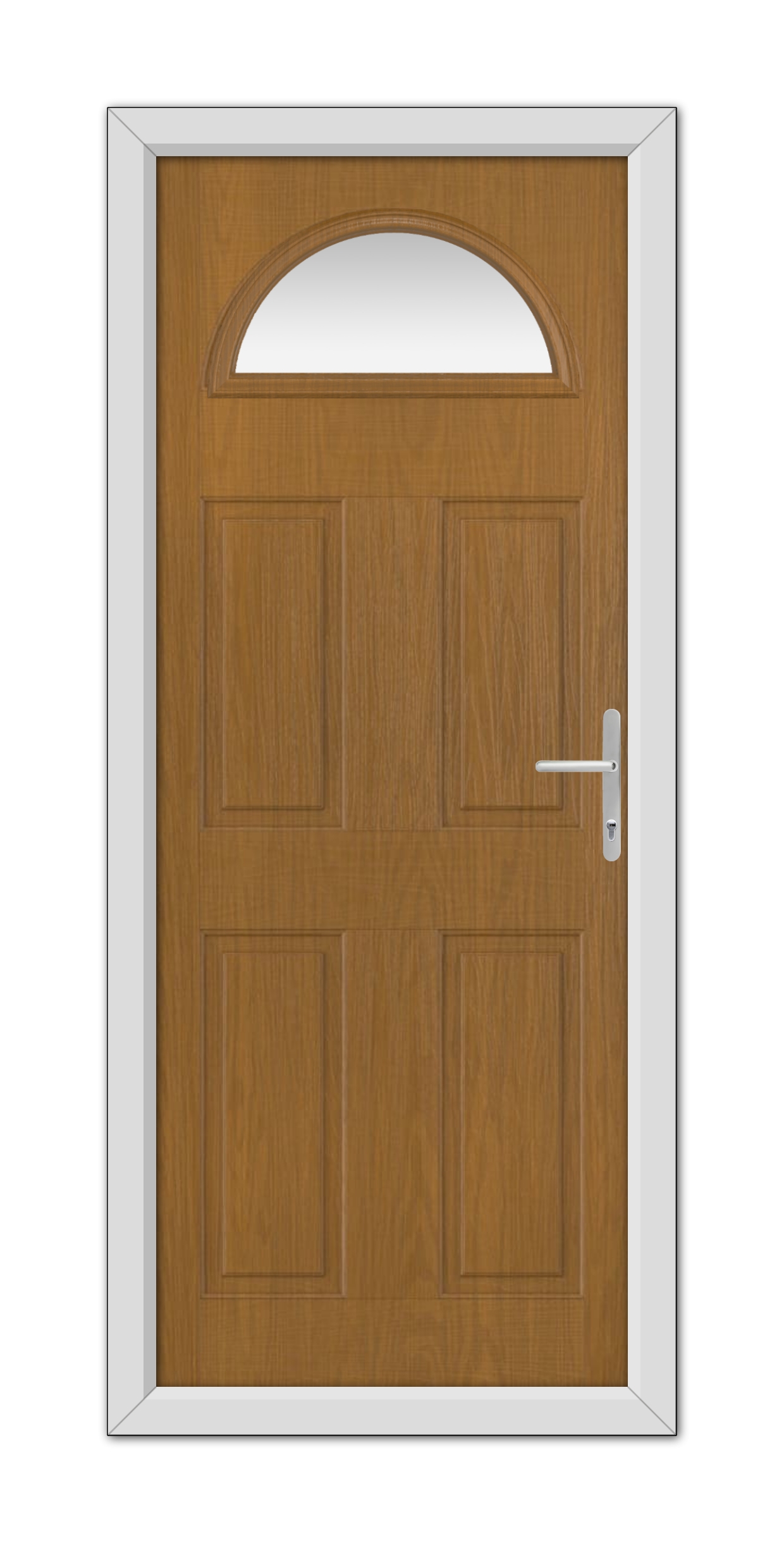 A Oak Winslow 1 Composite Door 48mm Timber Core with a semicircular window at the top, fitted with a white frame and handle, isolated on a white background.