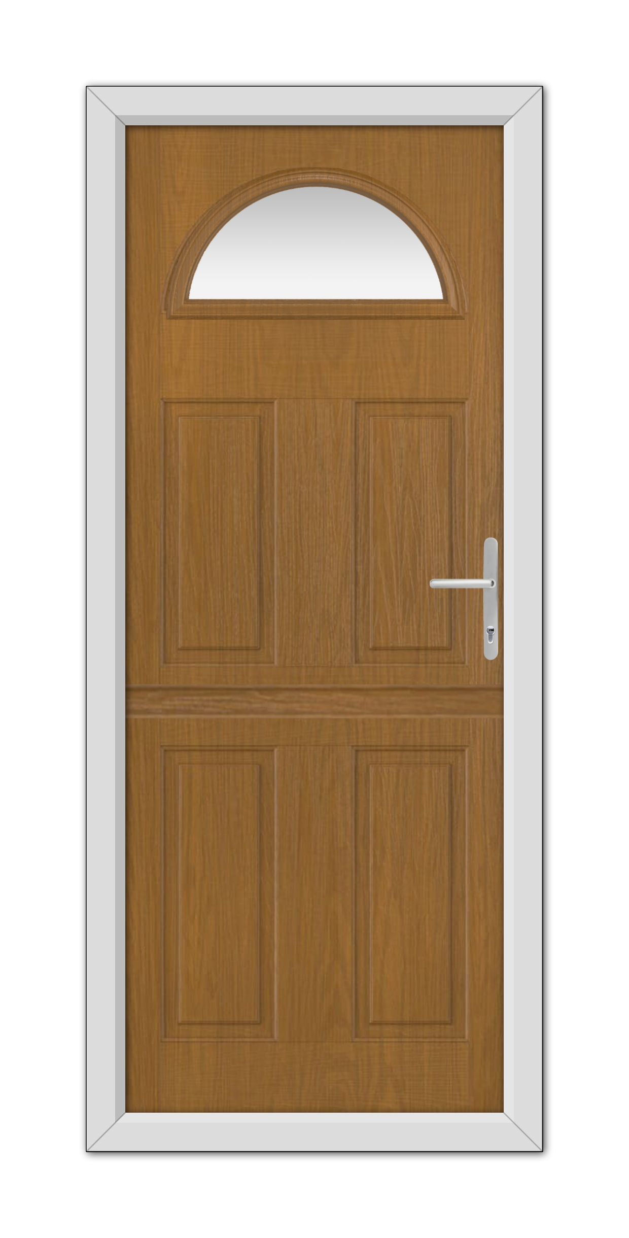 A Oak Winslow 1 Stable Composite Door 48mm Timber Core with a half-circle window at the top and a metal handle, set within a white frame.