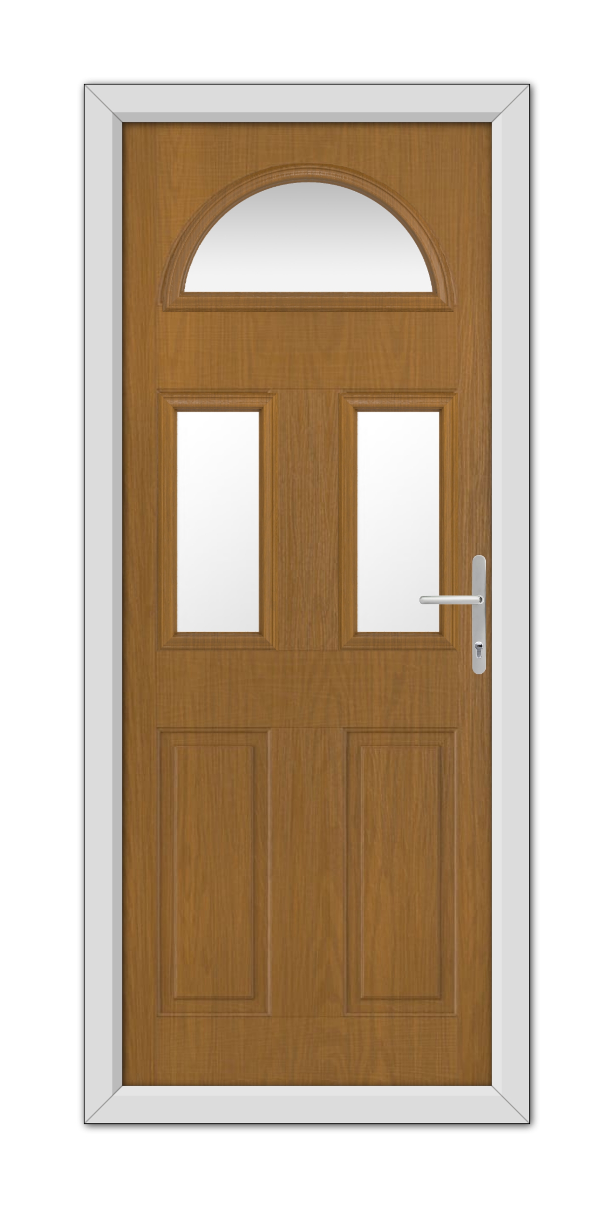 A Oak Winslow 3 Composite Door 48mm Timber Core with a semicircular window at the top and two smaller rectangular windows, featuring a white handle and frame.
