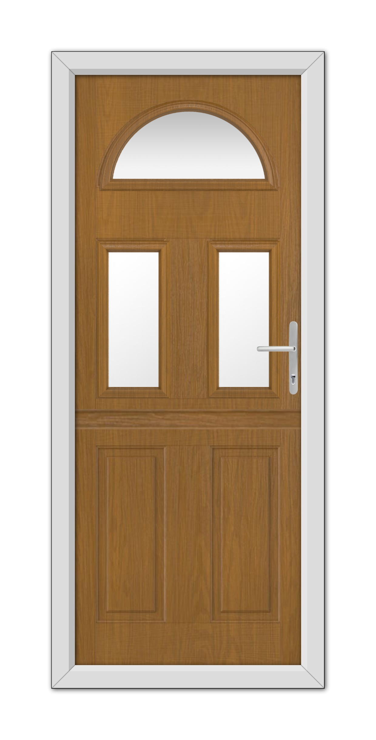 A Oak Winslow 3 Stable Composite Door 48mm Timber Core with a semicircular window at the top, two square windows in the middle, and a metal handle, framed by a white doorframe.