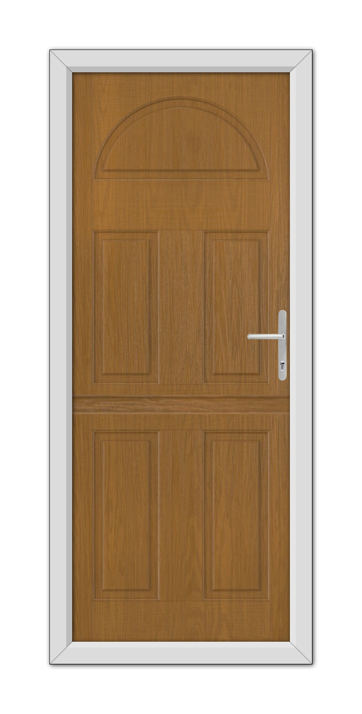 A closed Oak Winslow Solid Stable Composite Door 48mm Timber Core with a white handle set on a white door frame, featuring an arched design at the top.