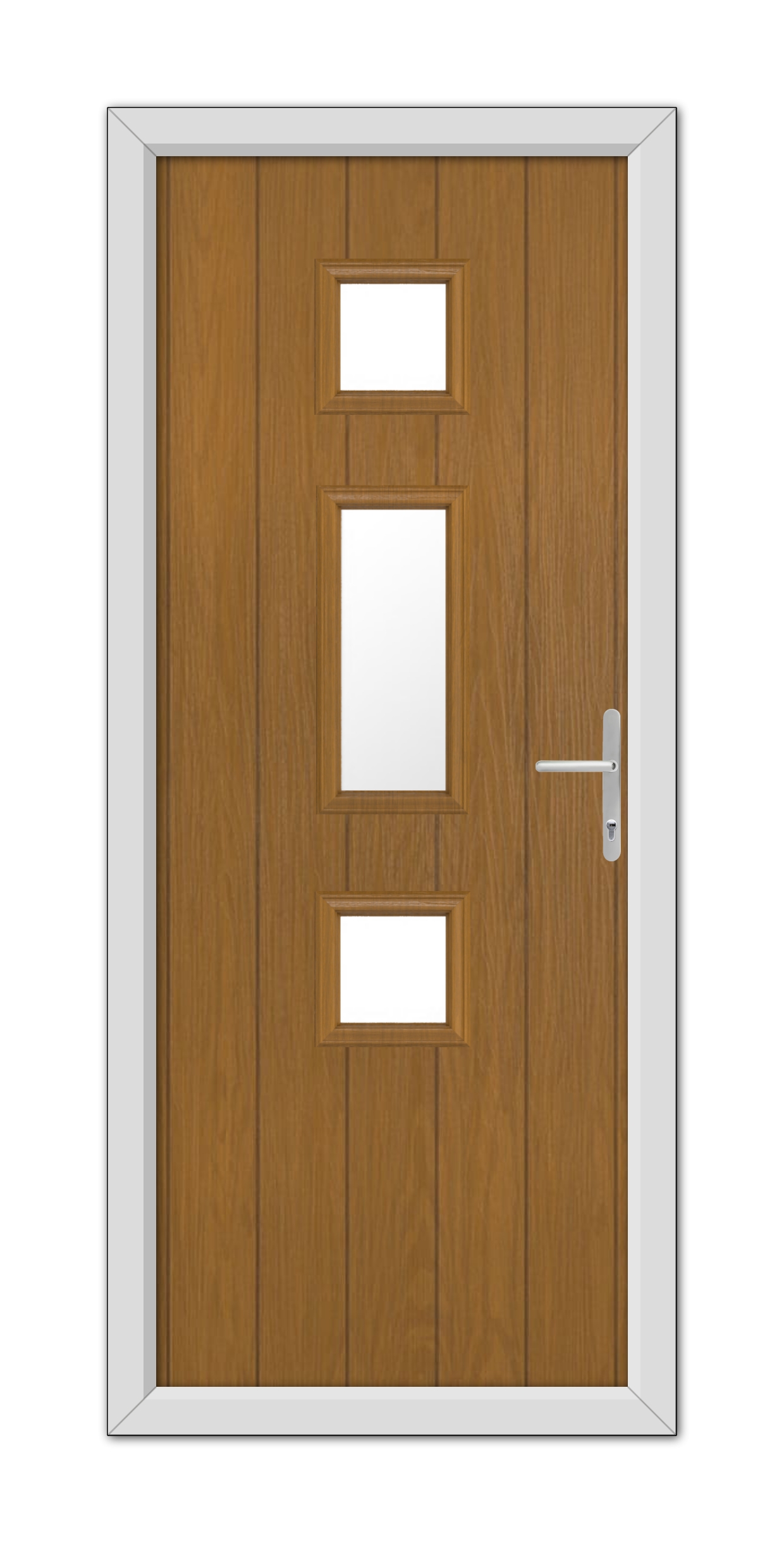 A modern Oak York composite door with three rectangular glass panels and a metal handle, set within a white frame.