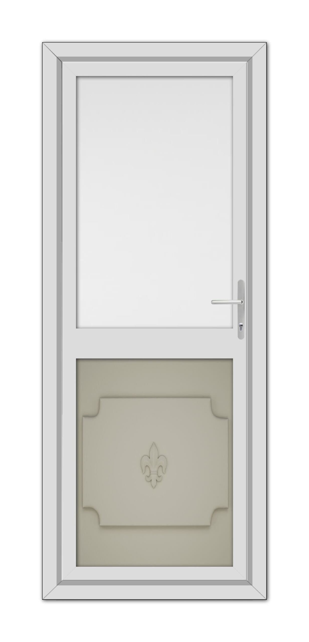 A modern Pebble Grey Abbey Half uPVC Back Door with a lower pane featuring a decorative fleur-de-lis design, complemented by a simple metallic handle on the right side.