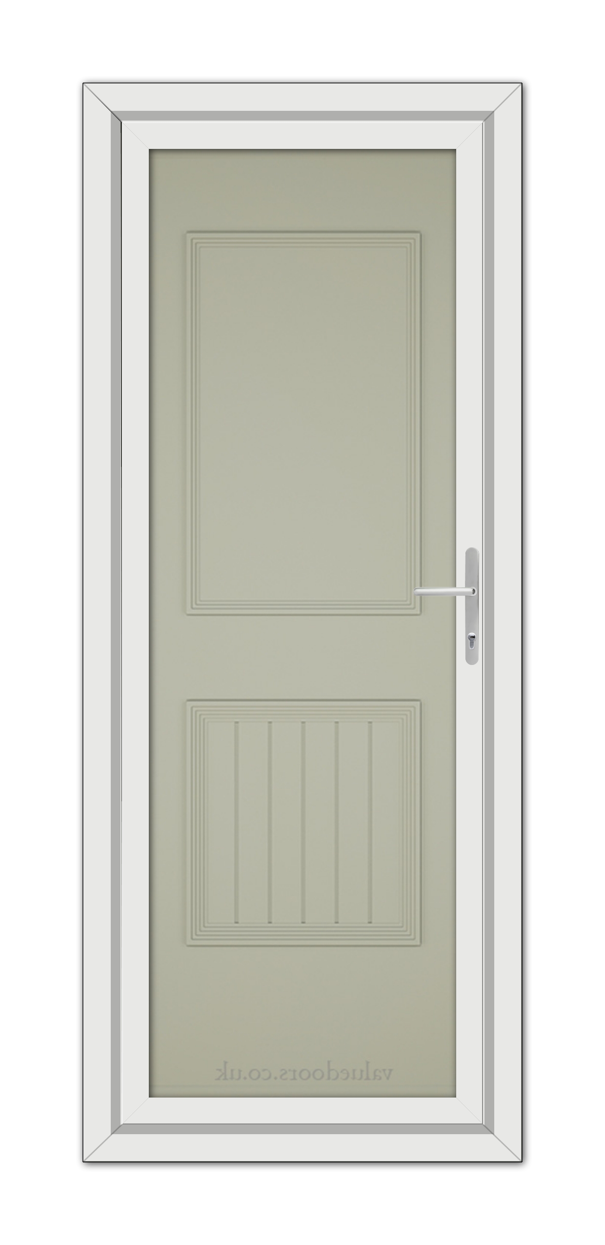 A Pebble Grey Alnwick One Solid uPVC door with a metallic handle, framed within a white door frame, viewed from the front.