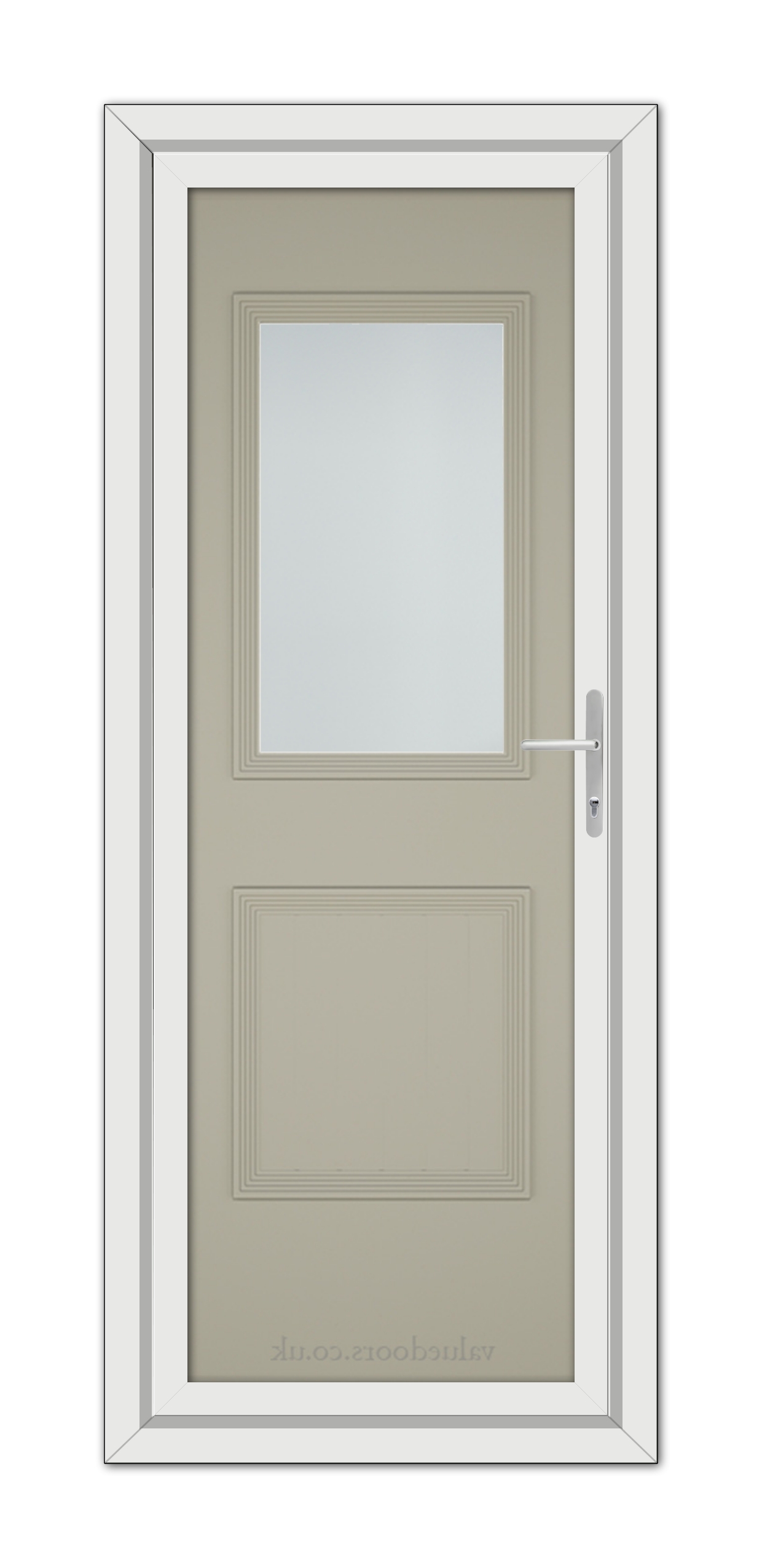 A Pebble Grey Alnwick One uPVC Door in a light gray color with a rectangular glass panel in the upper half and a solid lower half, featuring a metal handle on the right.