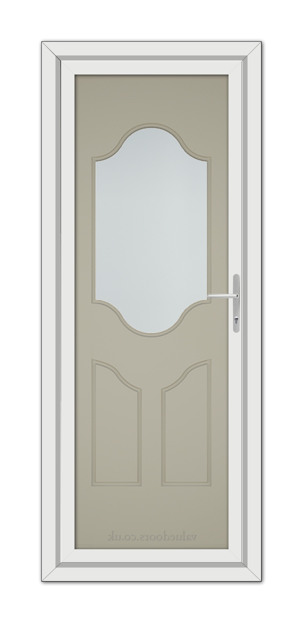 A modern Pebble Grey Althorpe One uPVC door featuring an arched window near the top, two recessed panels, and a simple metallic handle, set within a white frame.