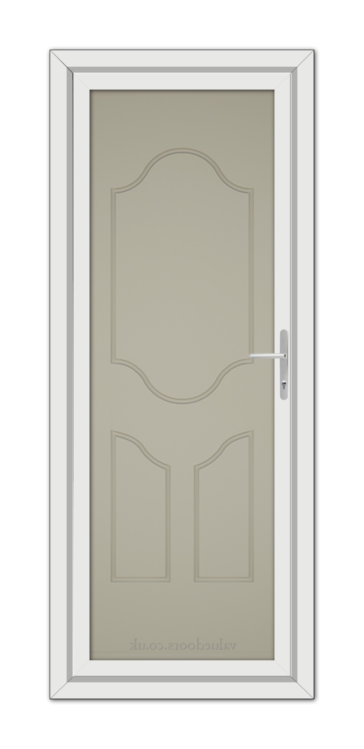 A closed Pebble Grey Althorpe Solid uPVC door with a white frame and a metal handle, viewed from a frontal angle.