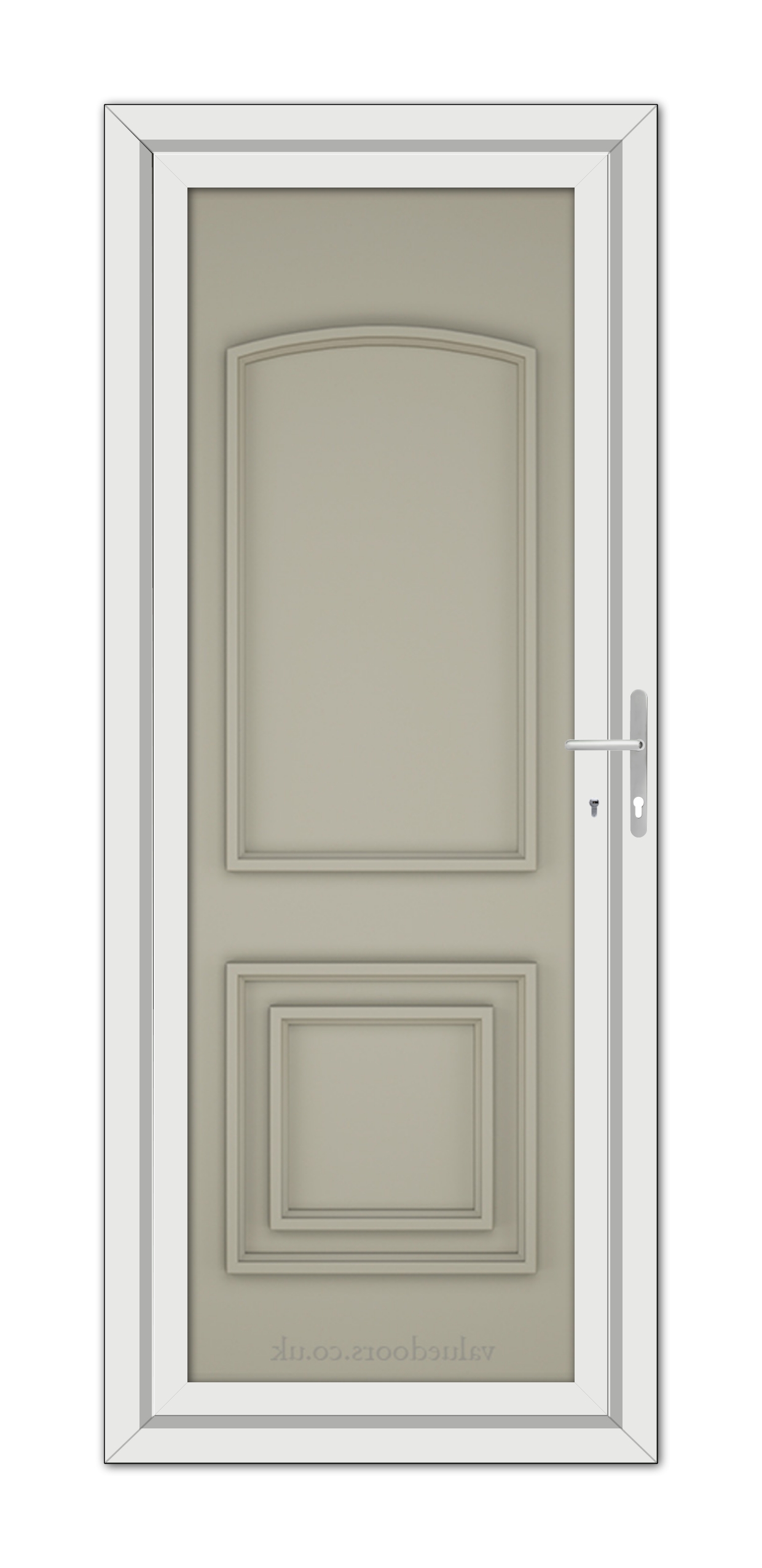 A modern Pebble Grey Balmoral Classic Solid uPVC Door in a white frame with a silver handle, featuring one large panel and one smaller inset panel in a neutral tone.