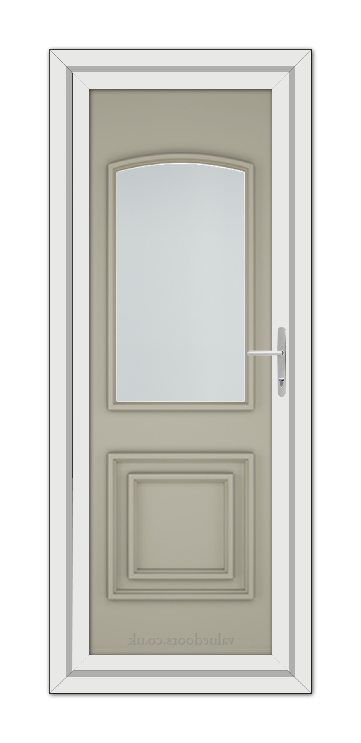 A modern Pebble Grey Balmoral Classic uPVC Door with a vertical oval glass panel and a metallic handle, set within a white frame.