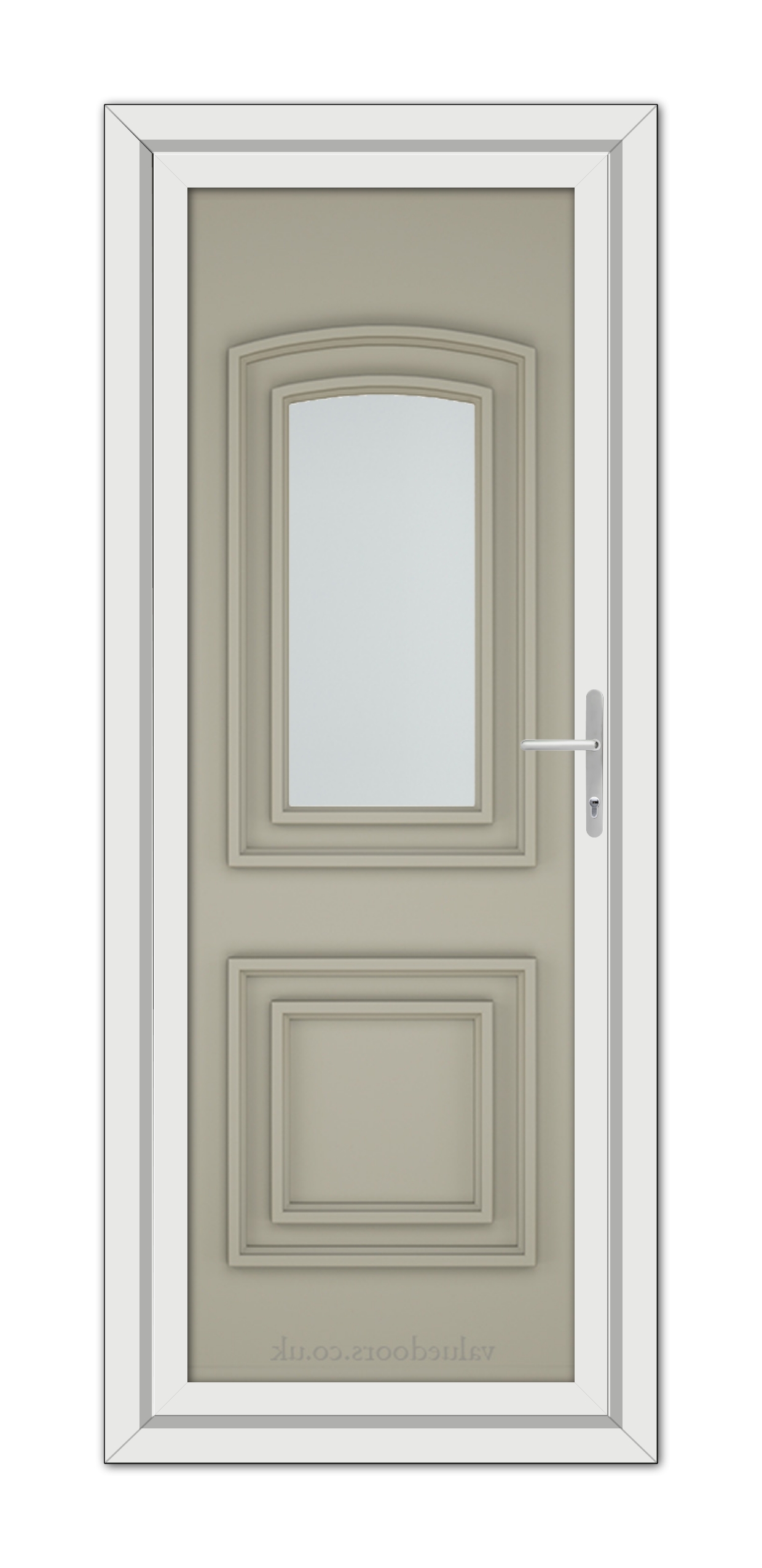 A modern Pebble Grey Balmoral One uPVC door with a vertical glass panel and a silver handle, designed for interior use.