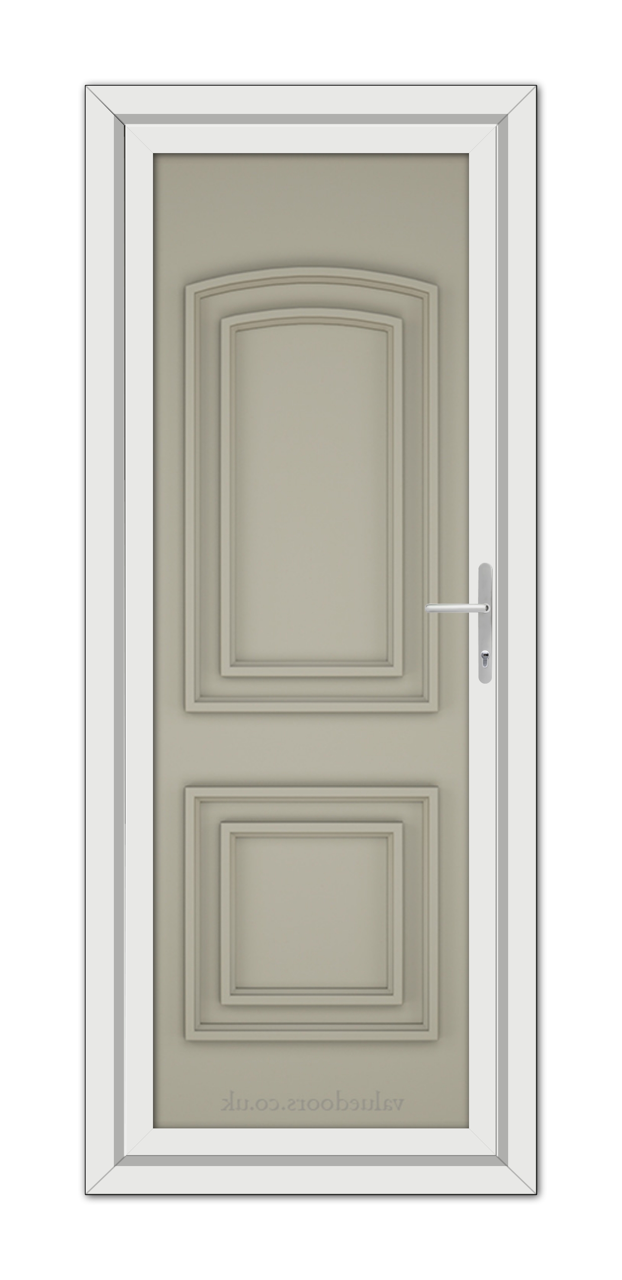 A modern closed Pebble Grey Balmoral Solid uPVC door with a silver handle, set within a white door frame, viewed from the front.