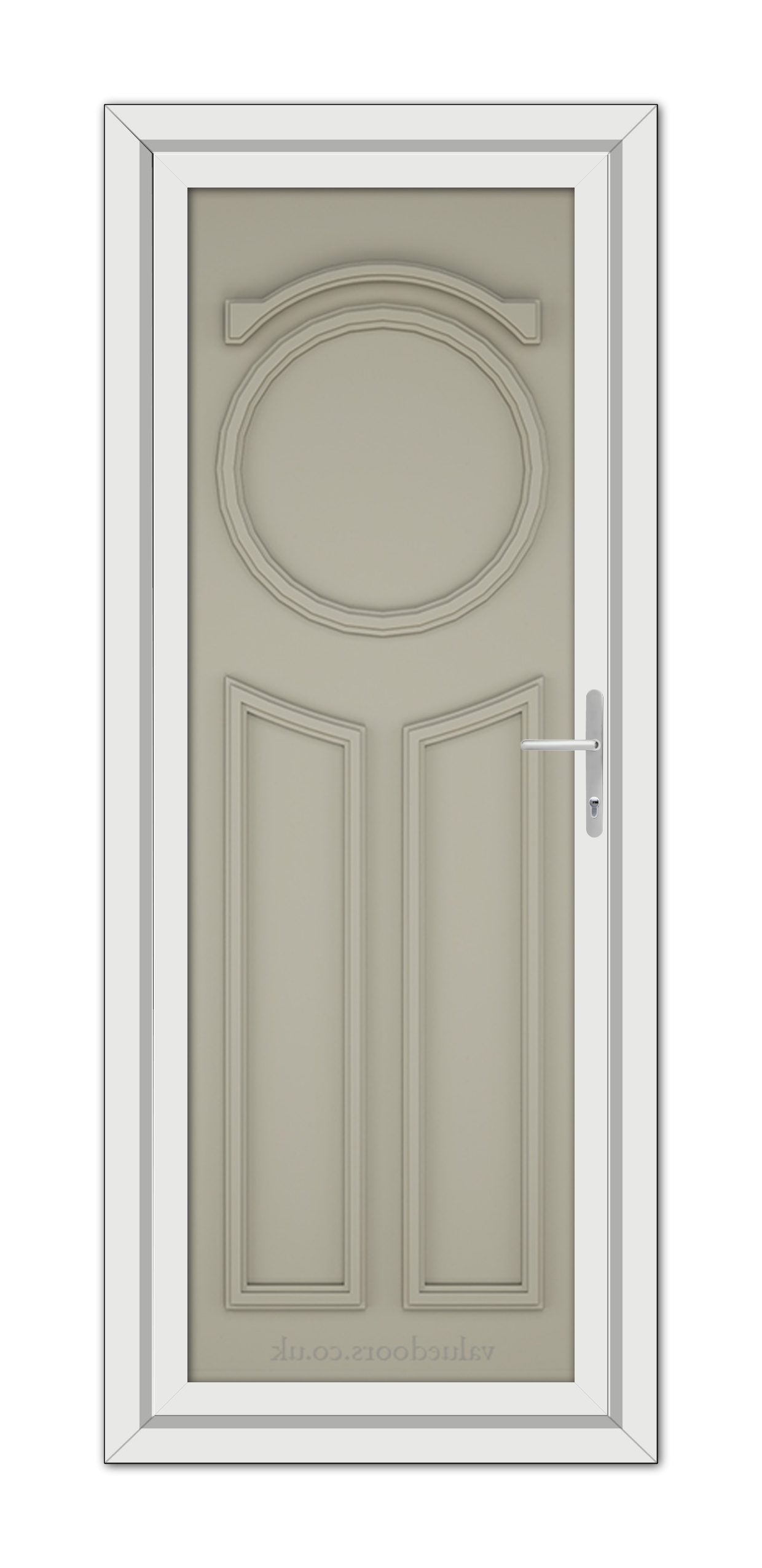 A vertical image of a closed Pebble Grey Blenheim Solid uPVC door with a circular window at the top and a silver handle on the right side, set within a white frame.