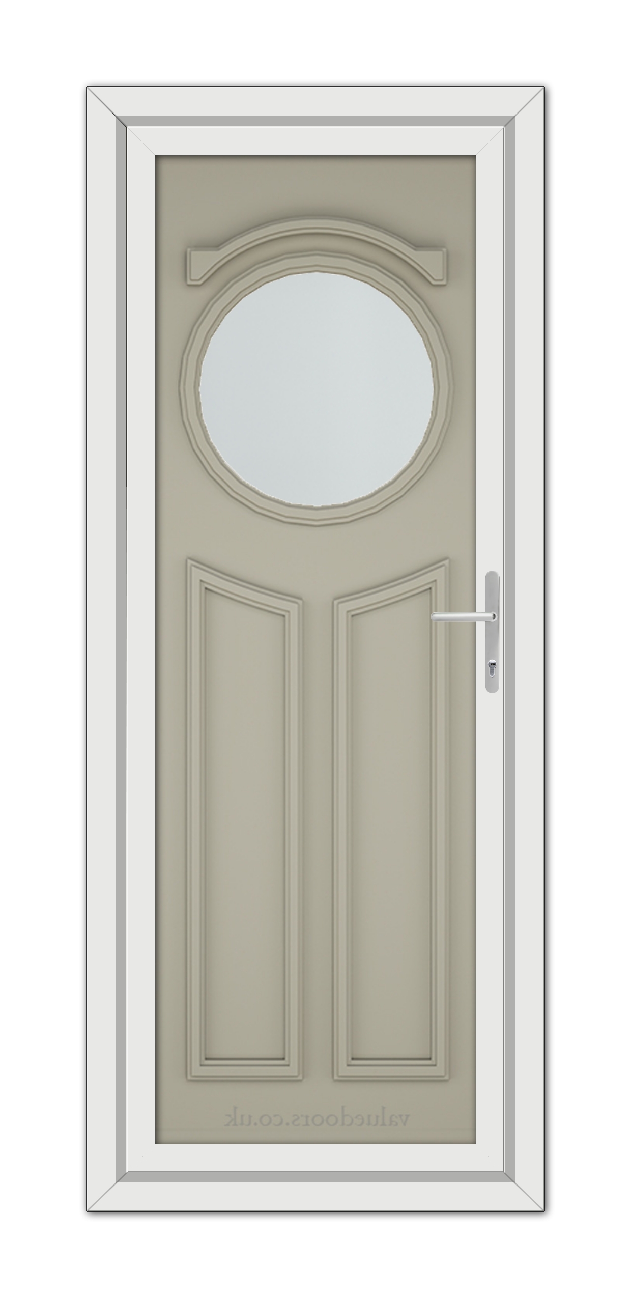 A Pebble Grey Blenheim uPVC door featuring an oval glass window at the top and a white handle, encased in a white door frame.