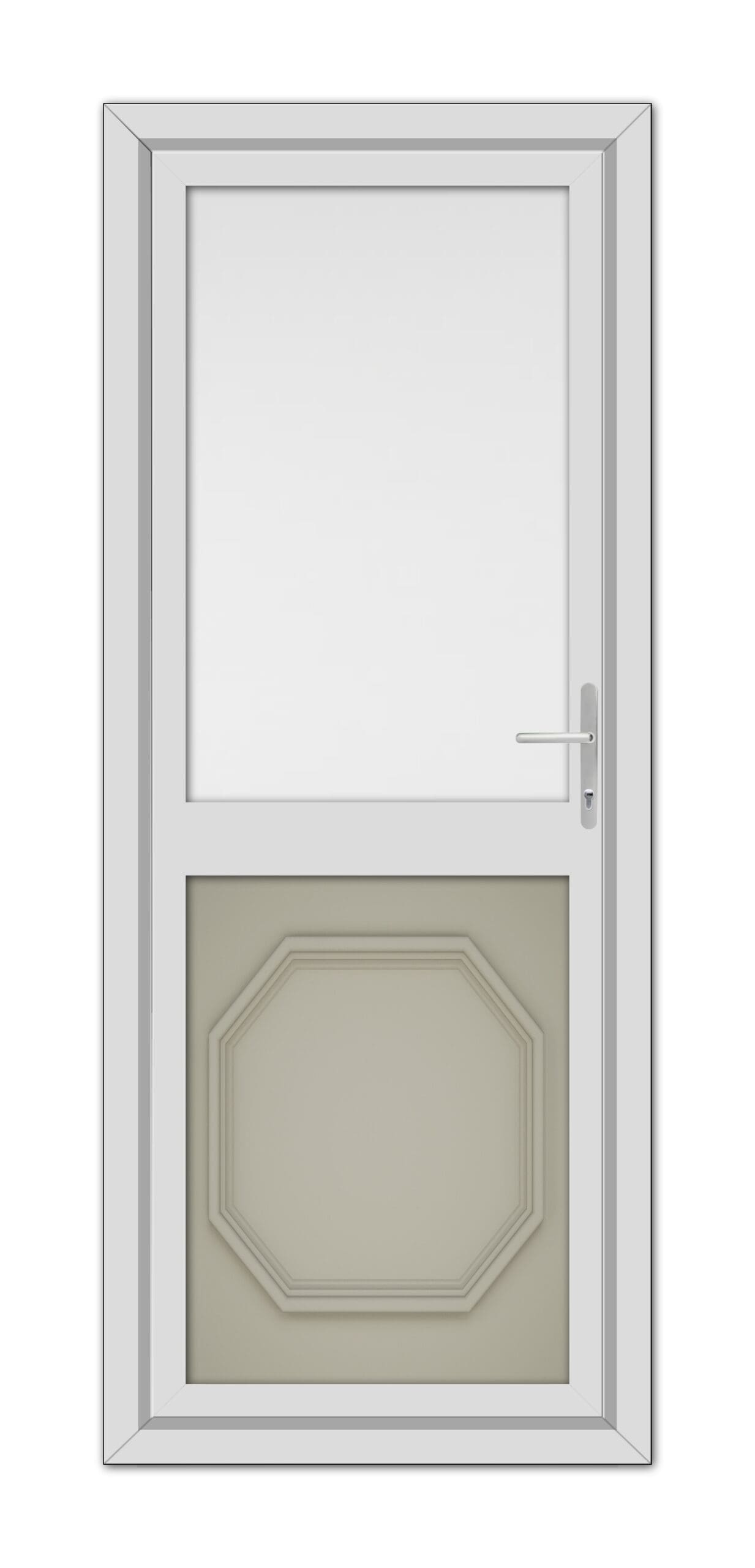 A modern Pebble Grey Buckingham Half uPVC Back Door with a white frame and a geometric panel at the bottom, featuring a small rectangular window at the top.