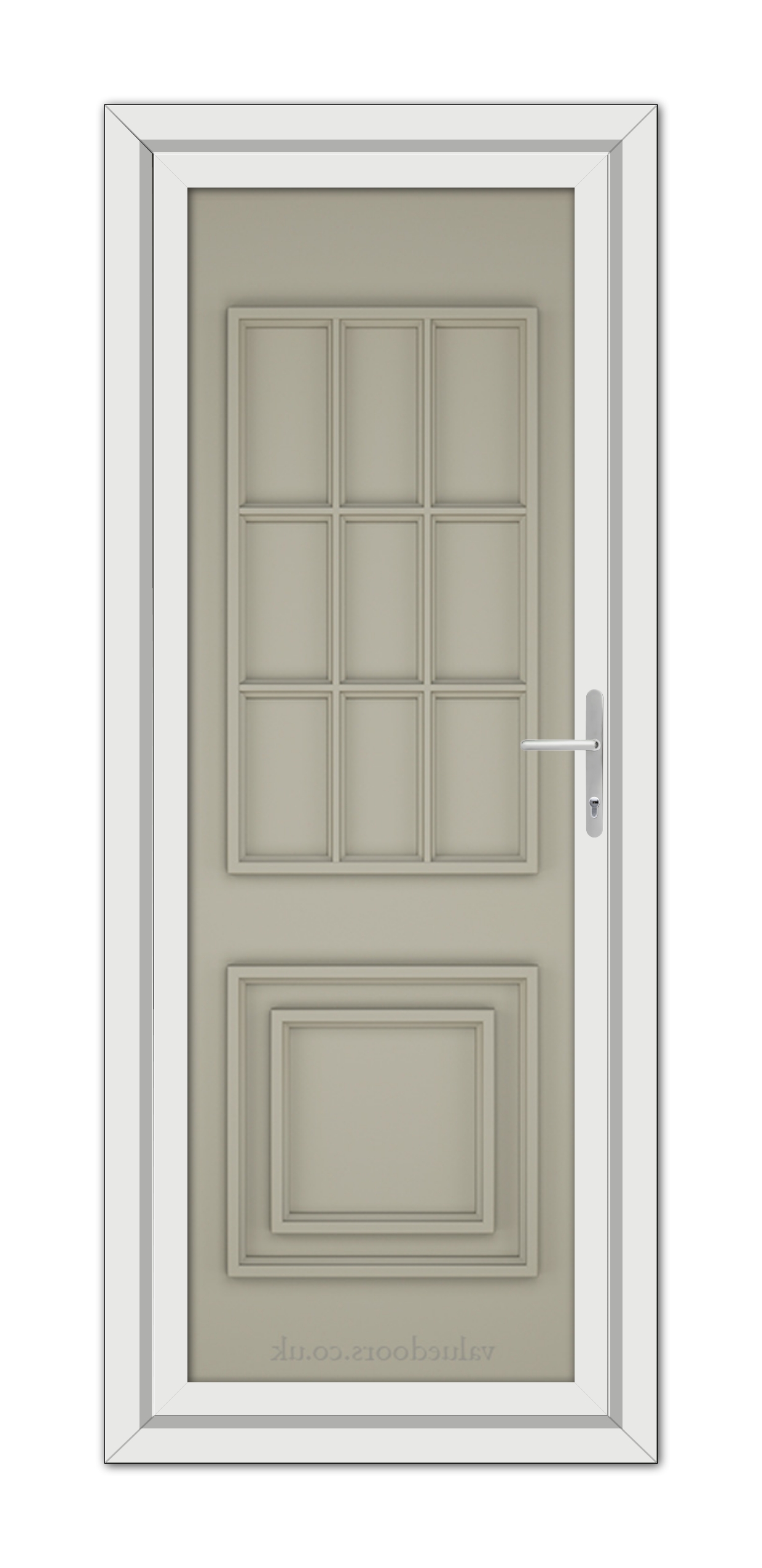 A closed vertical interior door in a white frame, featuring a pebble grey color with a nine-panel design and a metallic handle on the right side.