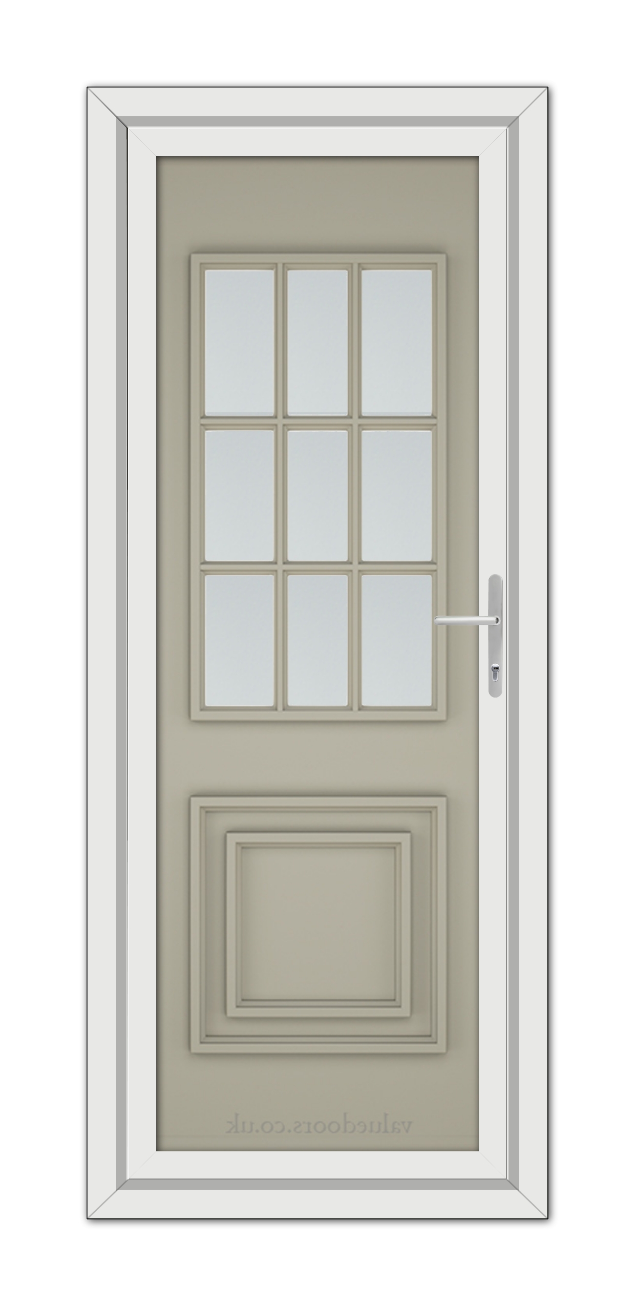 A vertical image of a closed, Pebble Grey Cambridge One uPVC Door featuring a window with nine panes and a metallic handle, set within a white frame.