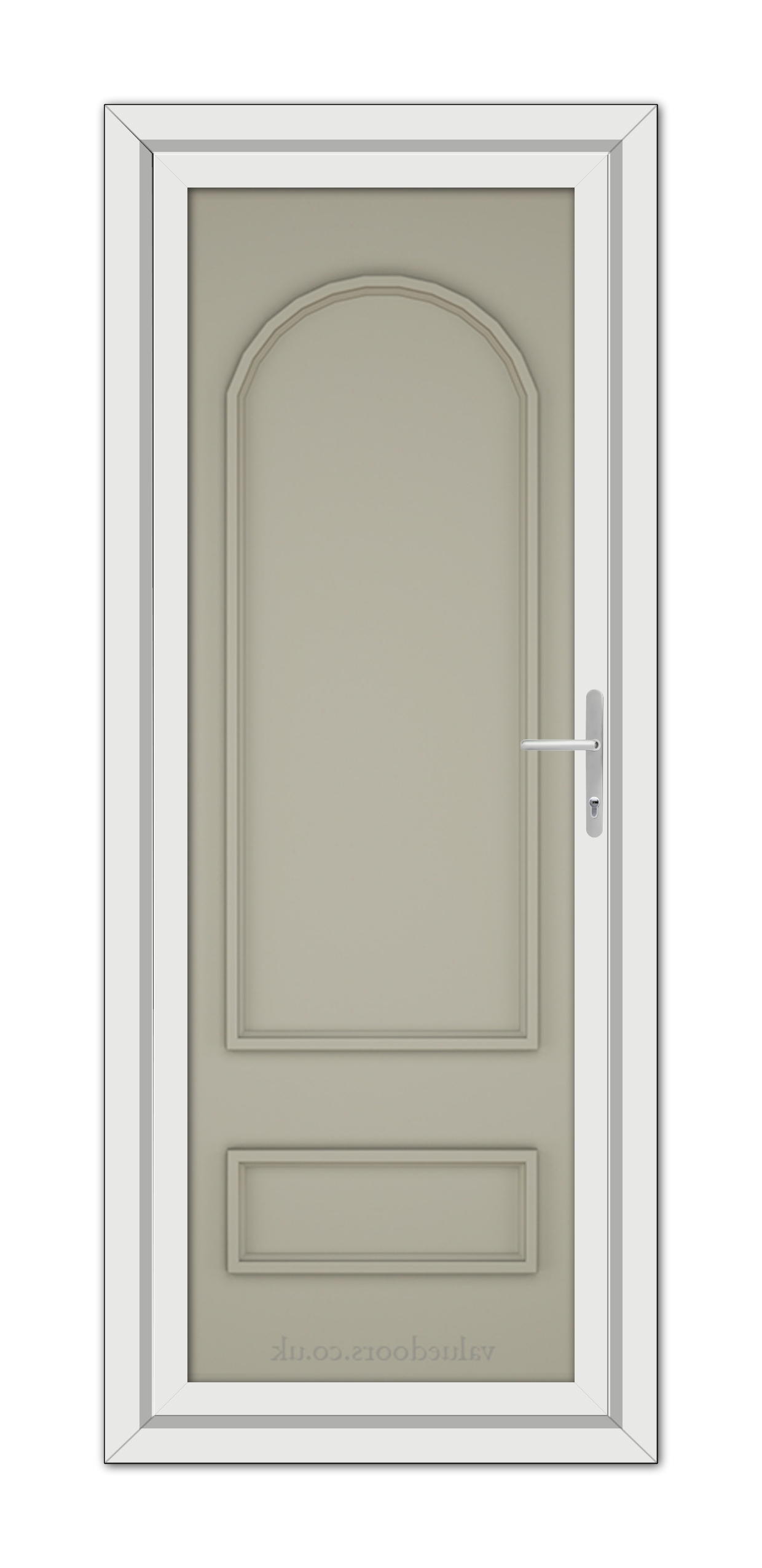 A vertical image of a closed, Pebble Grey Canterbury Solid uPVC Door with a white frame and a metal handle, viewed from the front.
