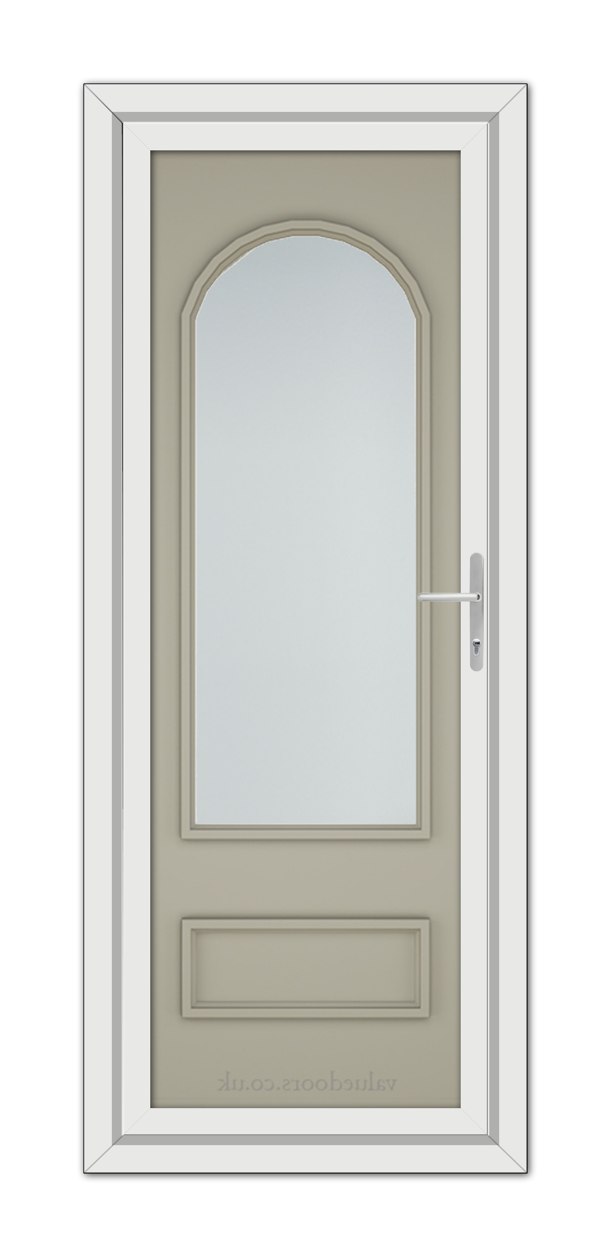 A modern beige Pebble Grey Canterbury uPVC Door with a reflective glass panel and a metal handle, framed within a white door frame.