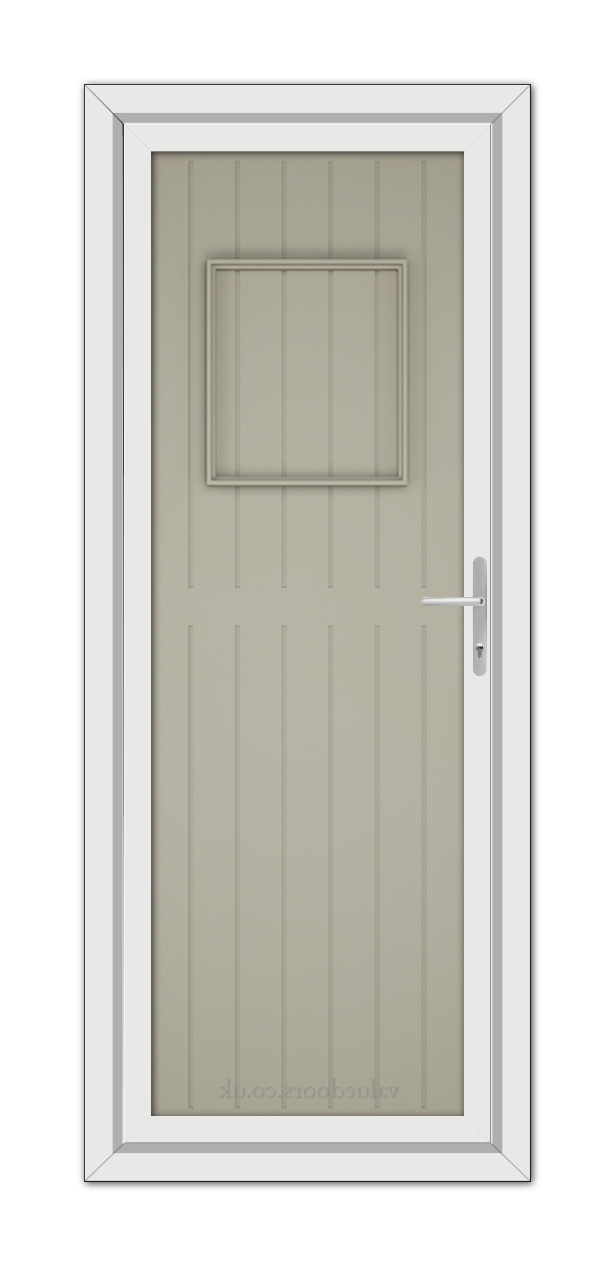A modern pebble grey door with a small square window, featuring vertical paneling and a sleek silver handle, set within a white door frame.