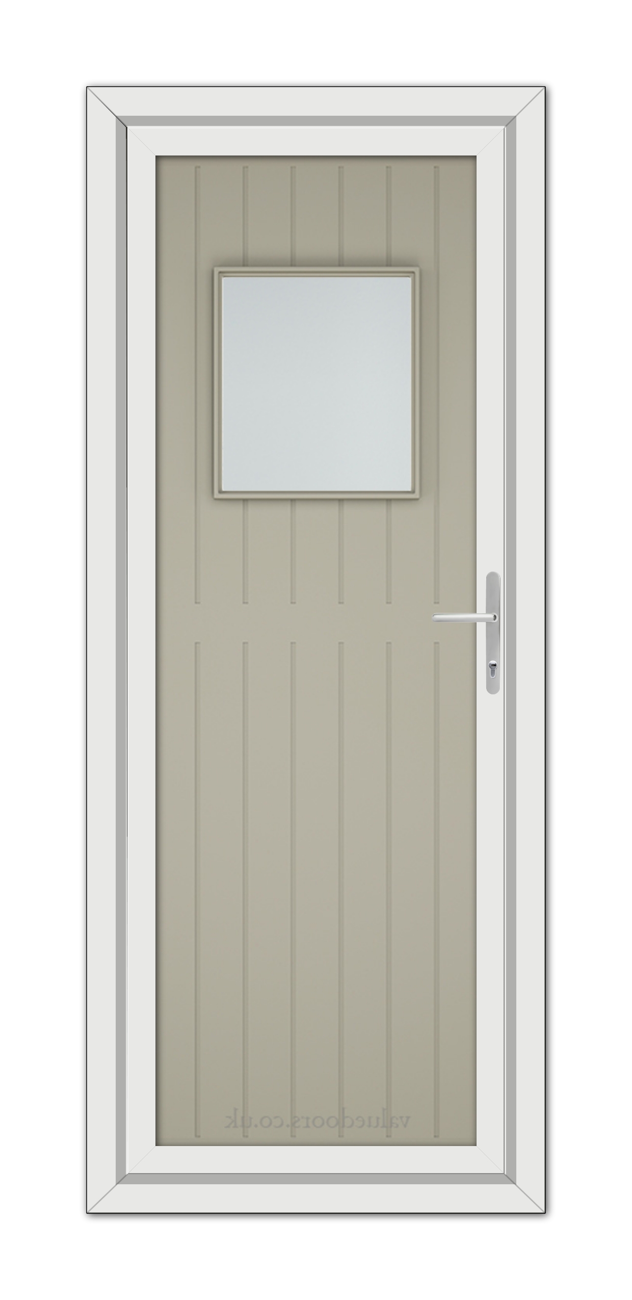 A modern Pebble Grey Chatsworth uPVC door with a vertical panel design, small square window at the top, and a silver handle, set within a white door frame.