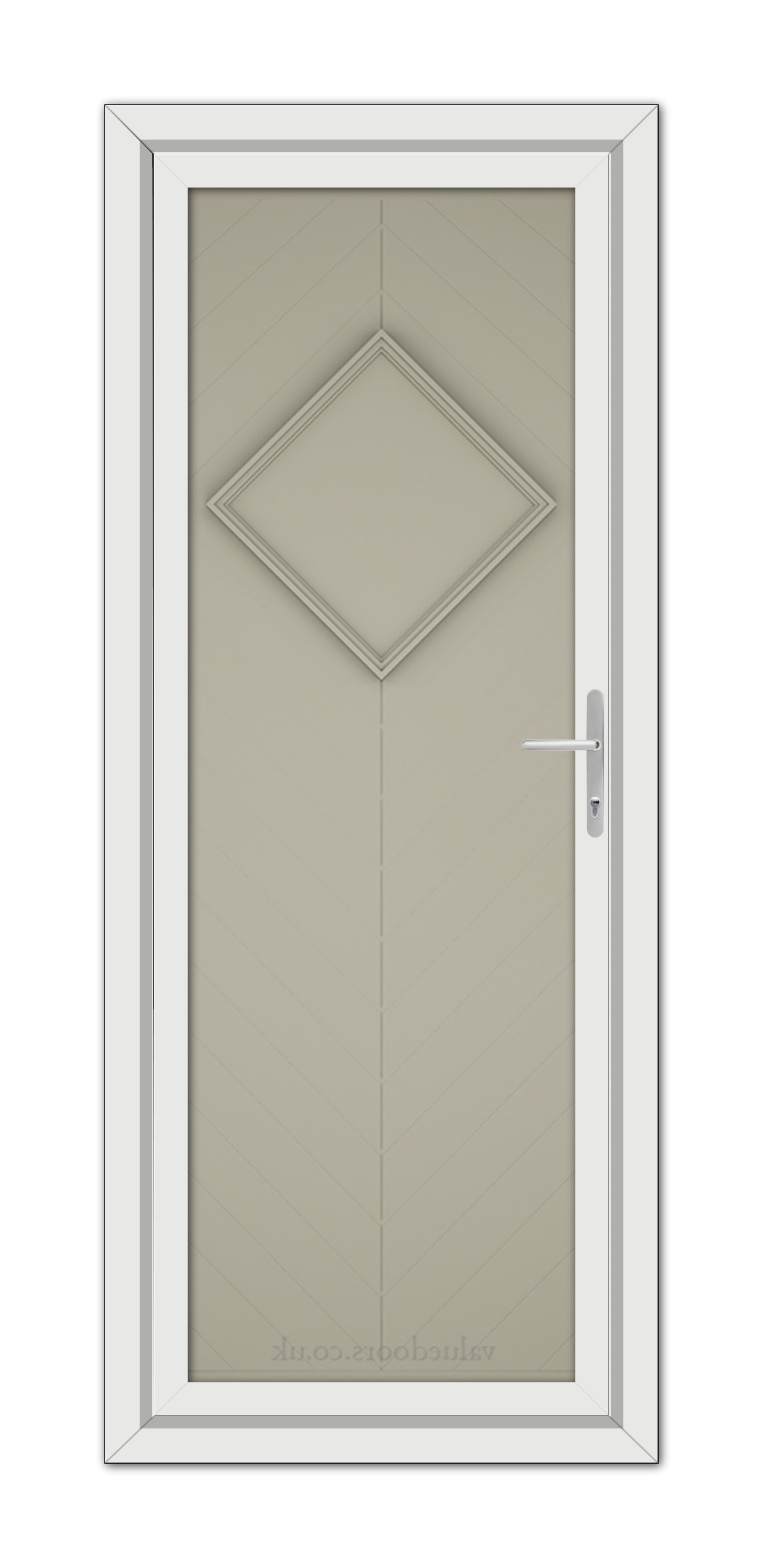 A modern Pebble Grey Hamburg Solid uPVC door with a diamond-shaped window and a silver handle, set within a white frame.