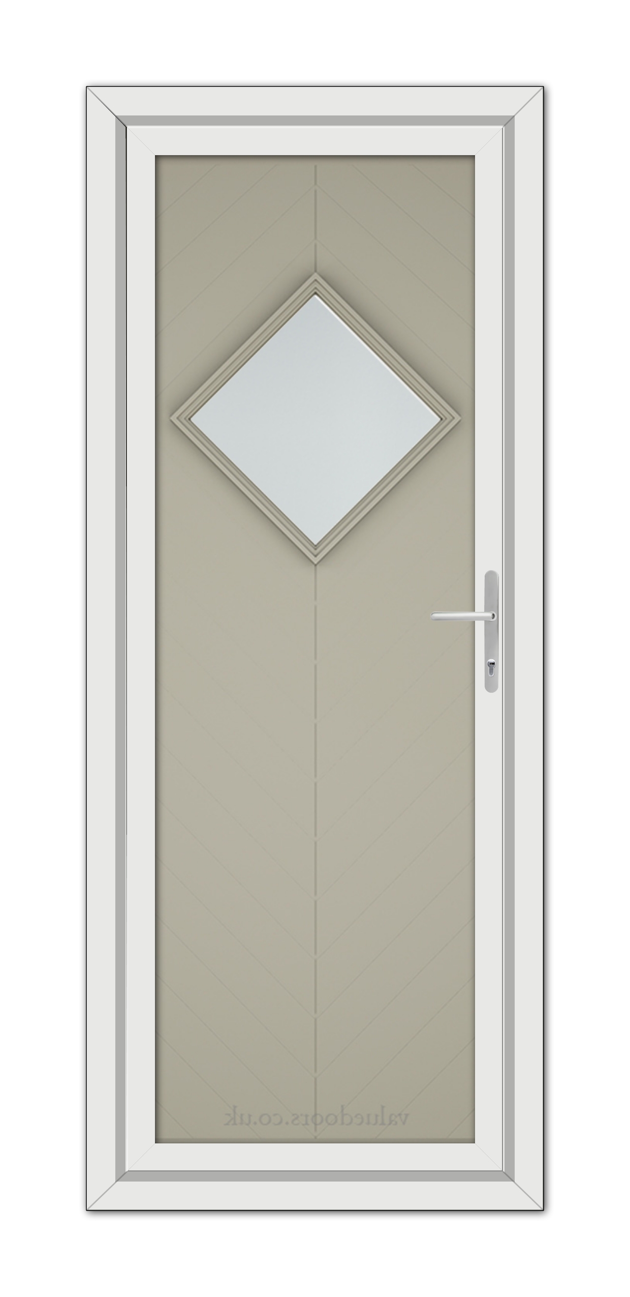 A modern Pebble Grey Hamburg uPVC door featuring a diamond-shaped window at the center, with a silver handle on the right.