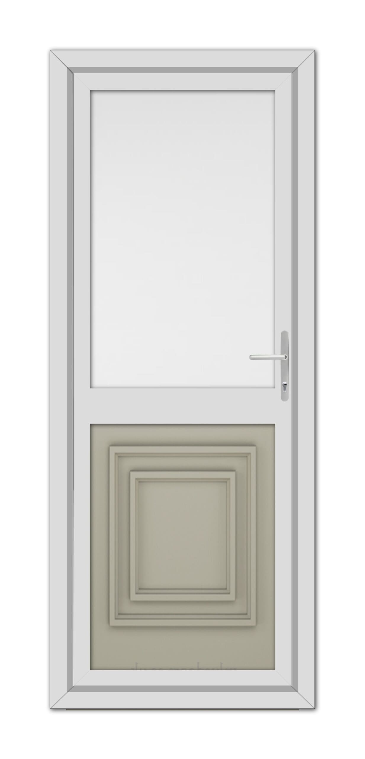 A modern white Pebble Grey Hannover Half uPVC Back Door with a silver handle, featuring a large upper window and a decorative lower raised panel.