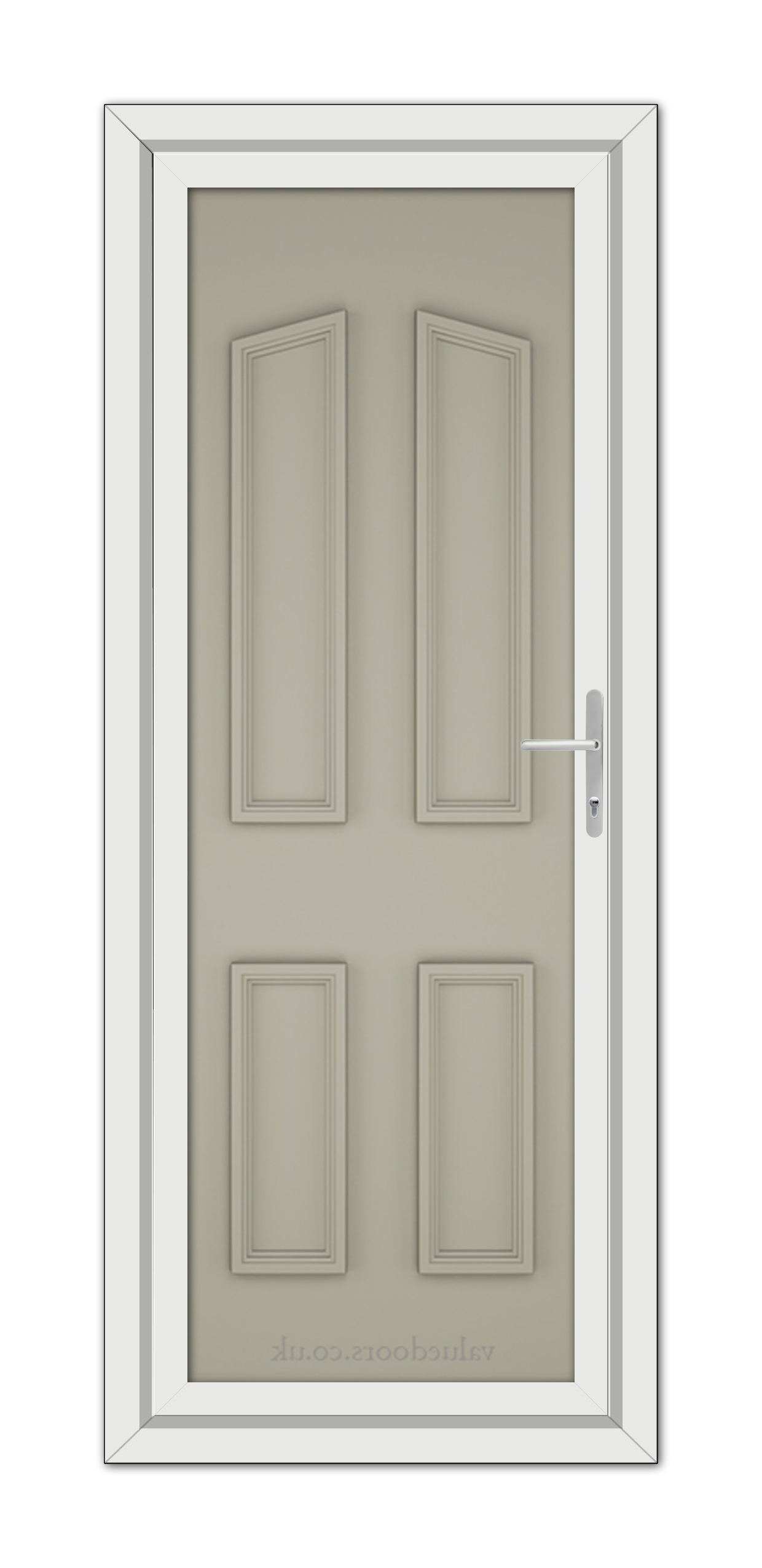 A vertical image of a closed, Pebble Grey Kensington Solid uPVC Door with four panels and a white handle, set within a white frame.