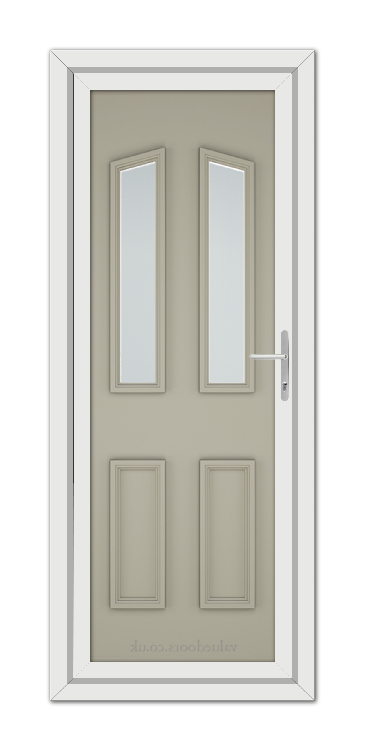 White framed Pebble Grey Kensington uPVC door with two vertical, narrow glass panels and a modern handle, isolated on a white background.