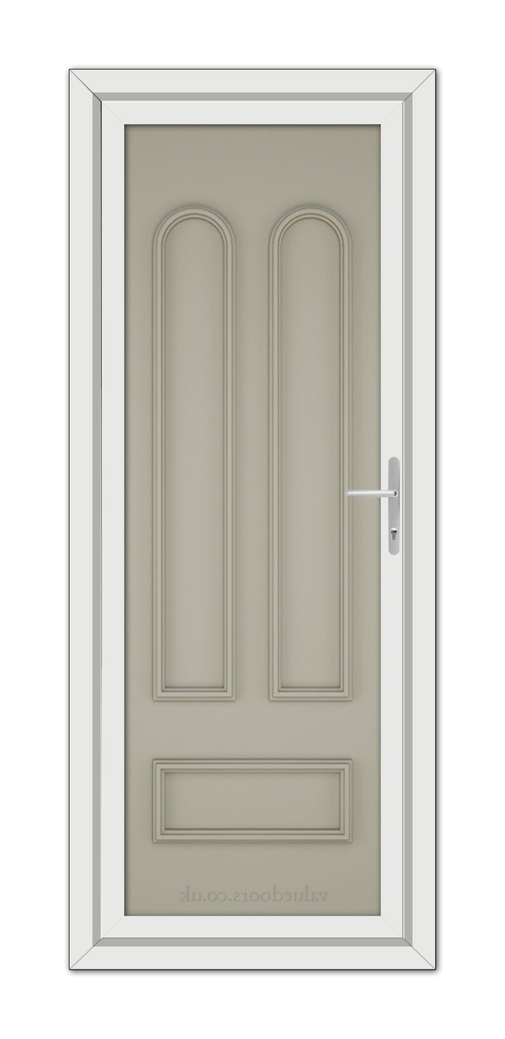 A modern beige Pebble Grey Madrid Solid uPVC Door with a long silver handle, set within a white frame, viewed from the front.