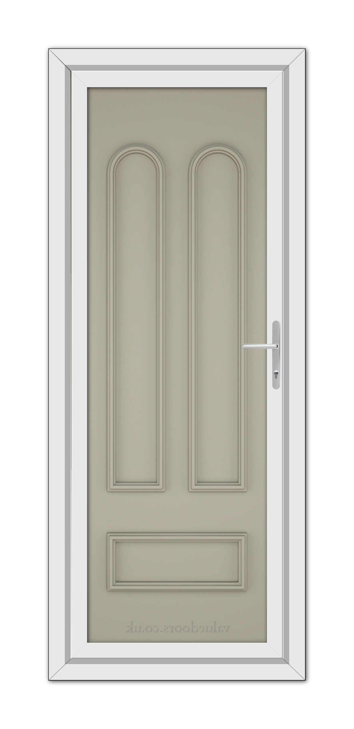 A modern beige Pebble Grey Madrid Solid uPVC Door with a long silver handle, set within a white frame, viewed from the front.