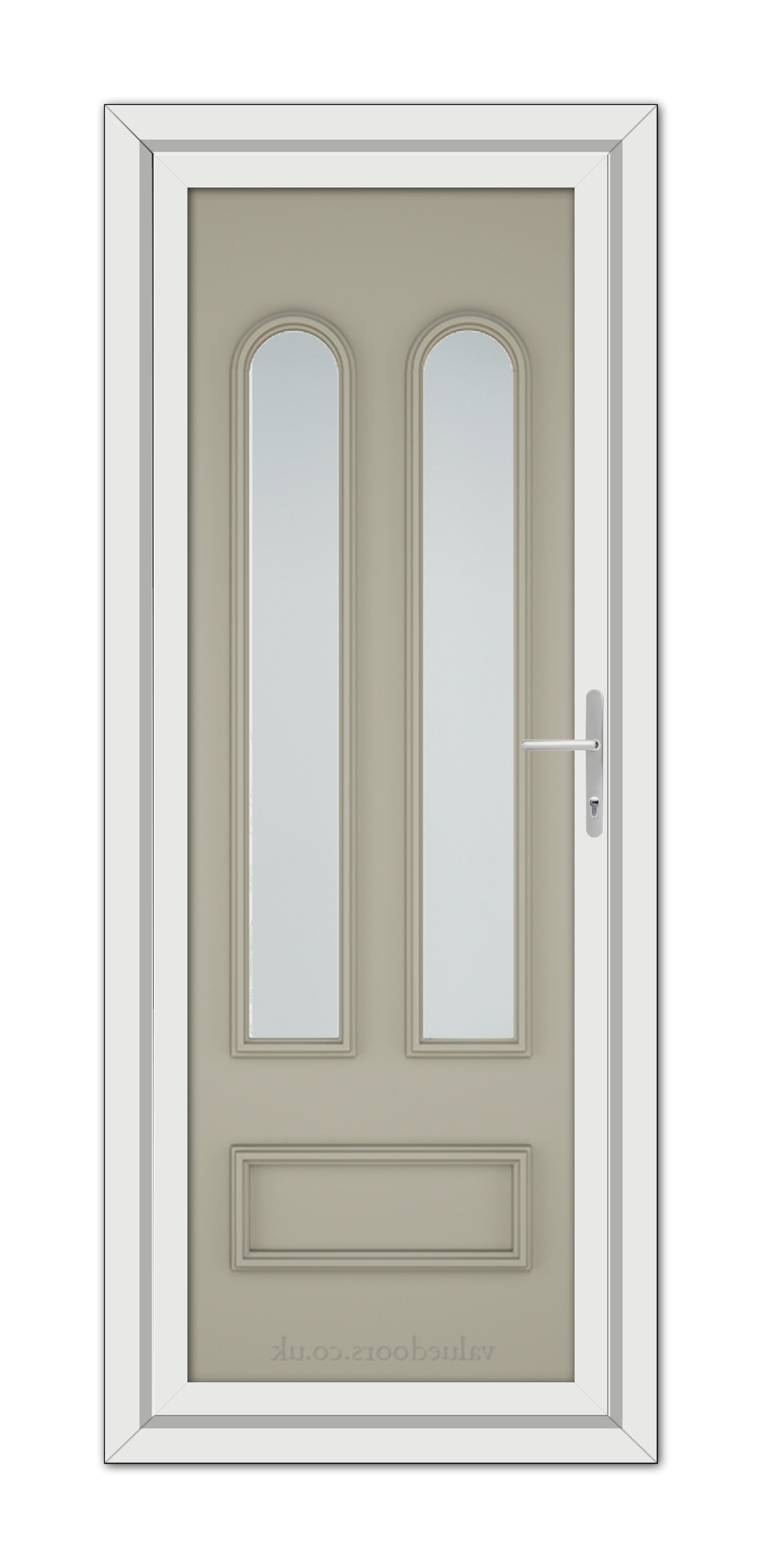 A modern Pebble Grey Madrid uPVC door with a white frame, featuring two vertical, narrow frosted glass panels and a silver handle.