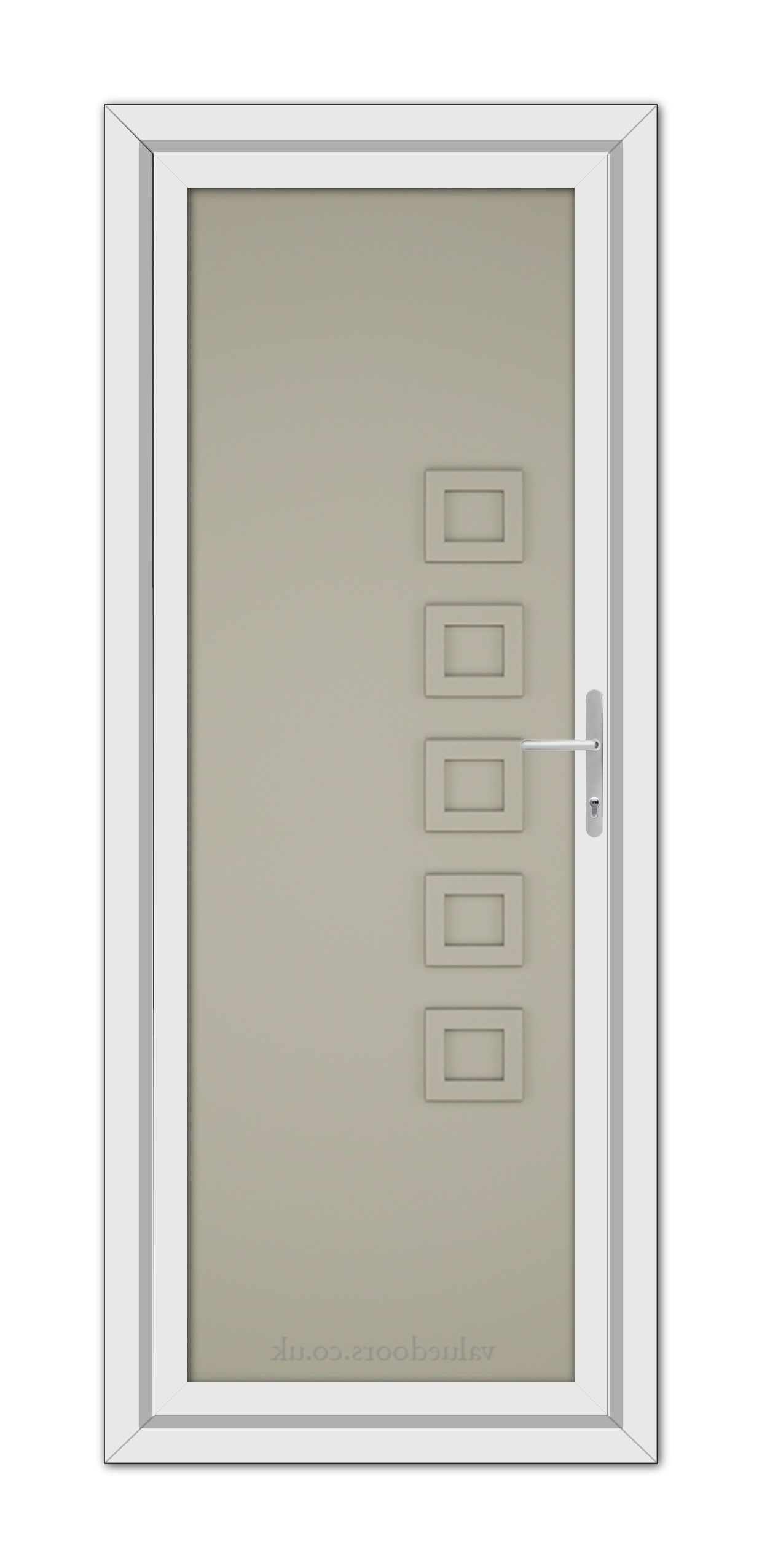 A Pebble Grey Malaga Solid uPVC Door with five horizontal panels and a silver handle, framed by a white border.