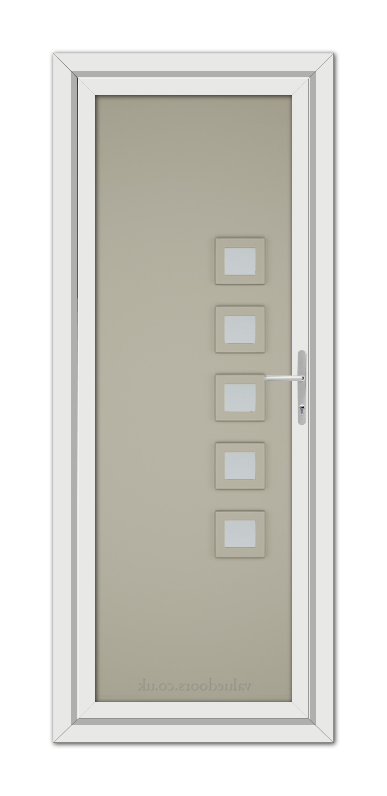 A modern Pebble Grey Malaga uPVC Door featuring a vertical arrangement of five rectangular glass panels on a taupe-colored surface, framed in white, with a metallic handle on the right.