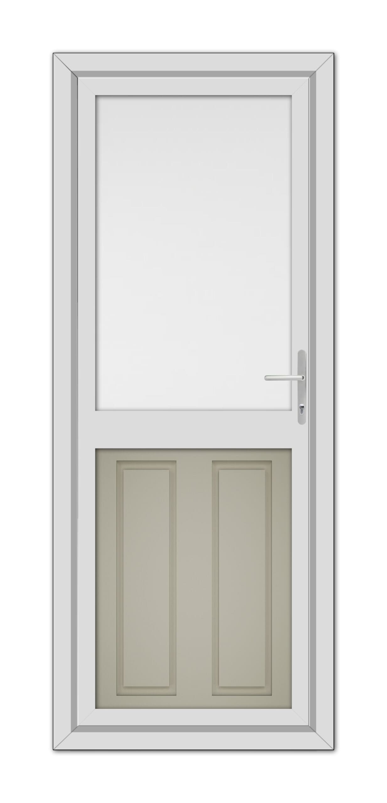 A Pebble Grey Manor Half uPVC Back Door featuring a small upper window and two lower panels, equipped with a modern handle on the right.
