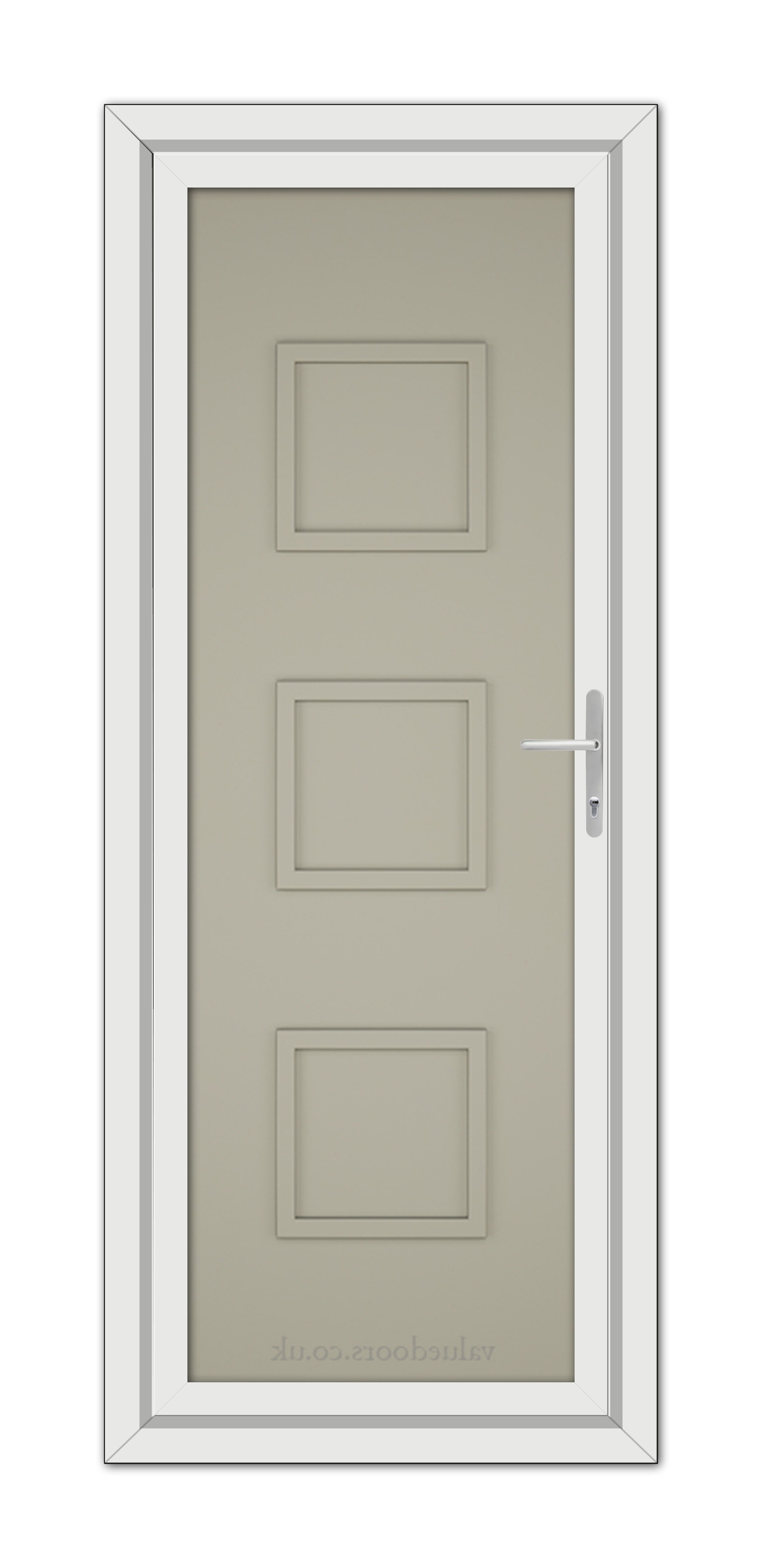 A vertical image of a closed, Pebble Grey Modern 5013 Solid uPVC Door with three recessed panels and a metallic handle, set within a white frame.
