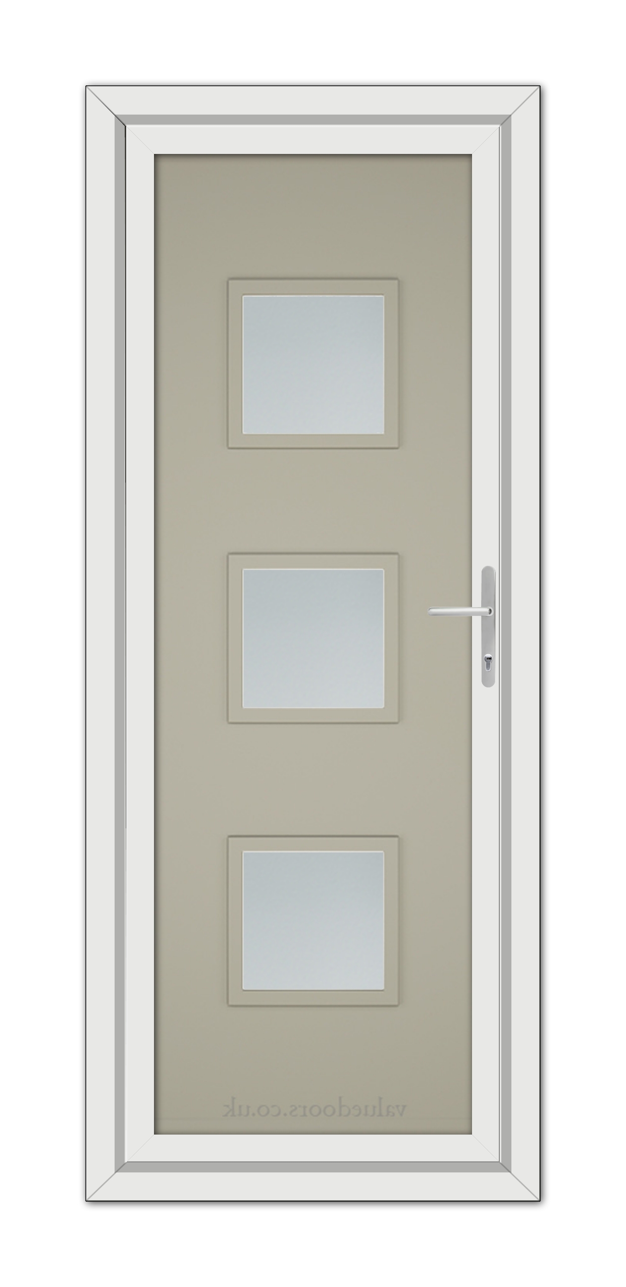 A Pebble Grey Modern 5013 uPVC door with a white frame, featuring three small, evenly-spaced square windows and a silver handle.