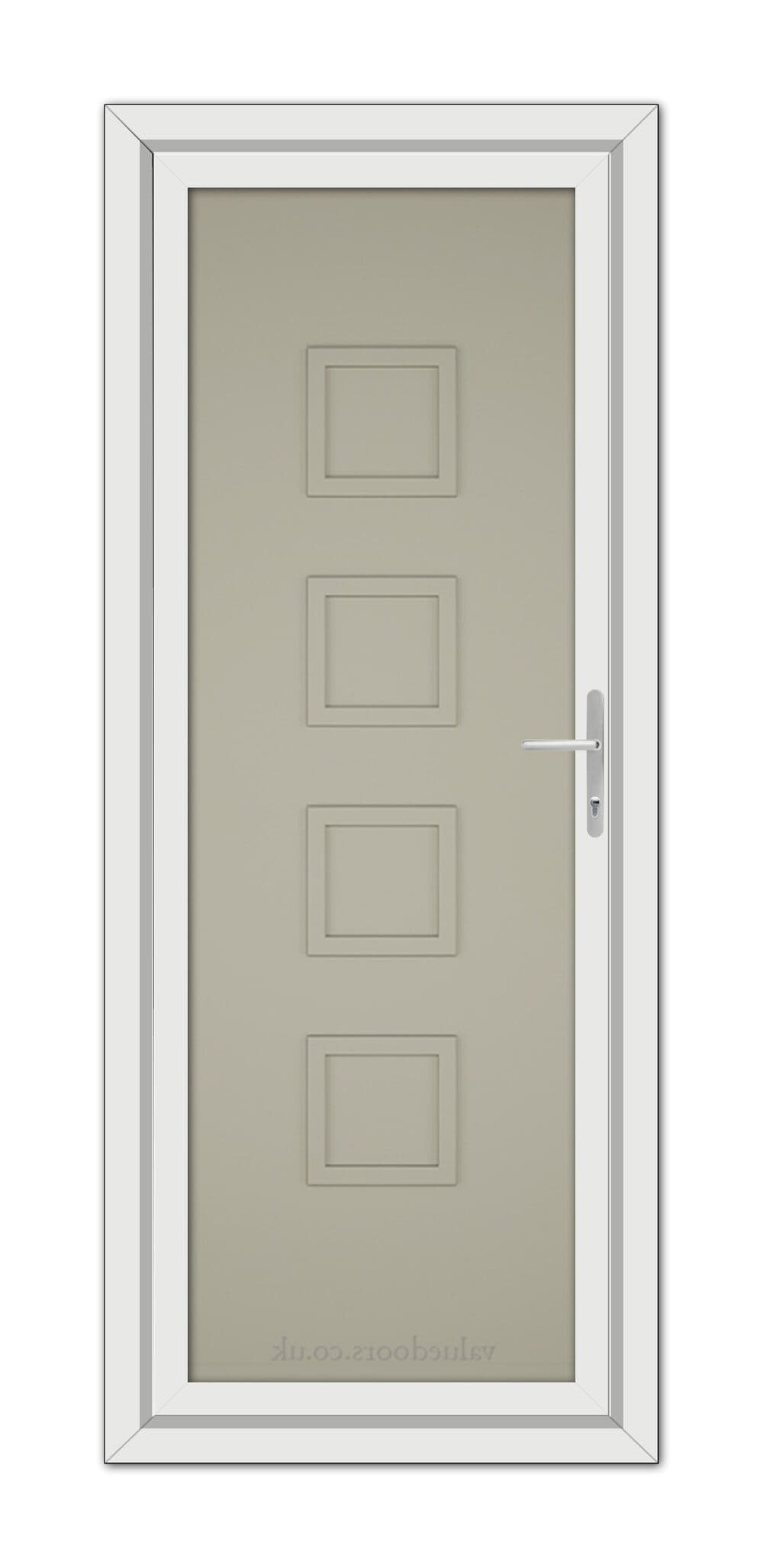 A modern Pebble Grey 5034 Solid uPVC door featuring four square panels and a silver handle, set within a white frame.