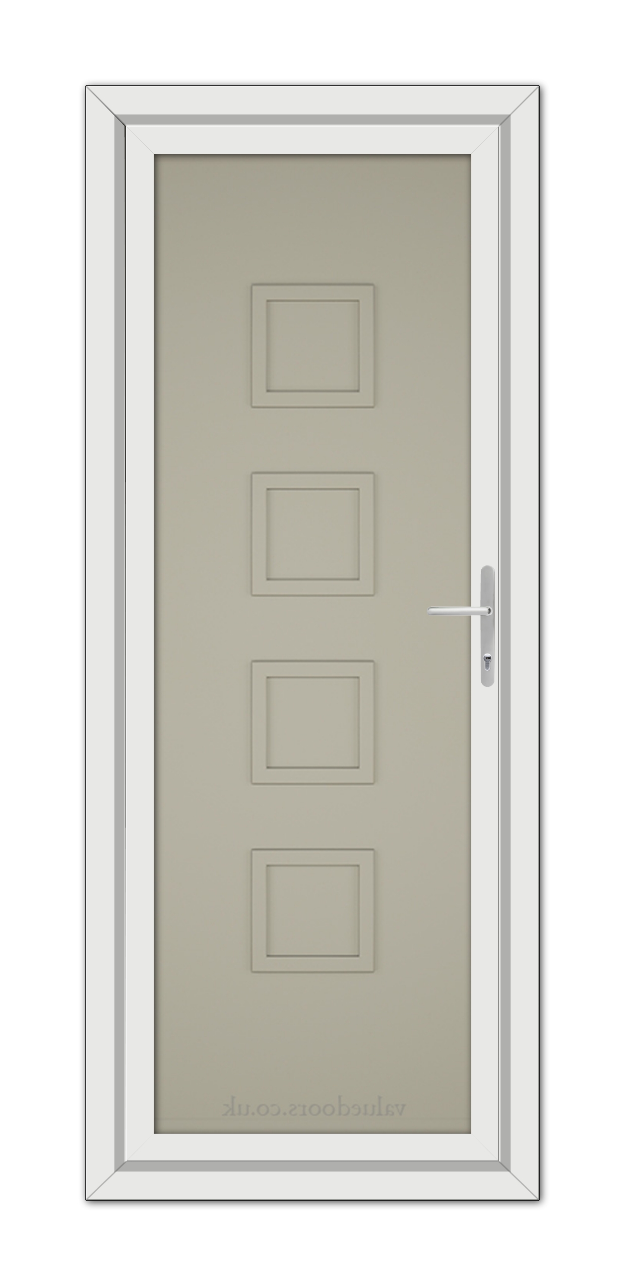 A modern Pebble Grey 5034 Solid uPVC door featuring four square panels and a silver handle, set within a white frame.