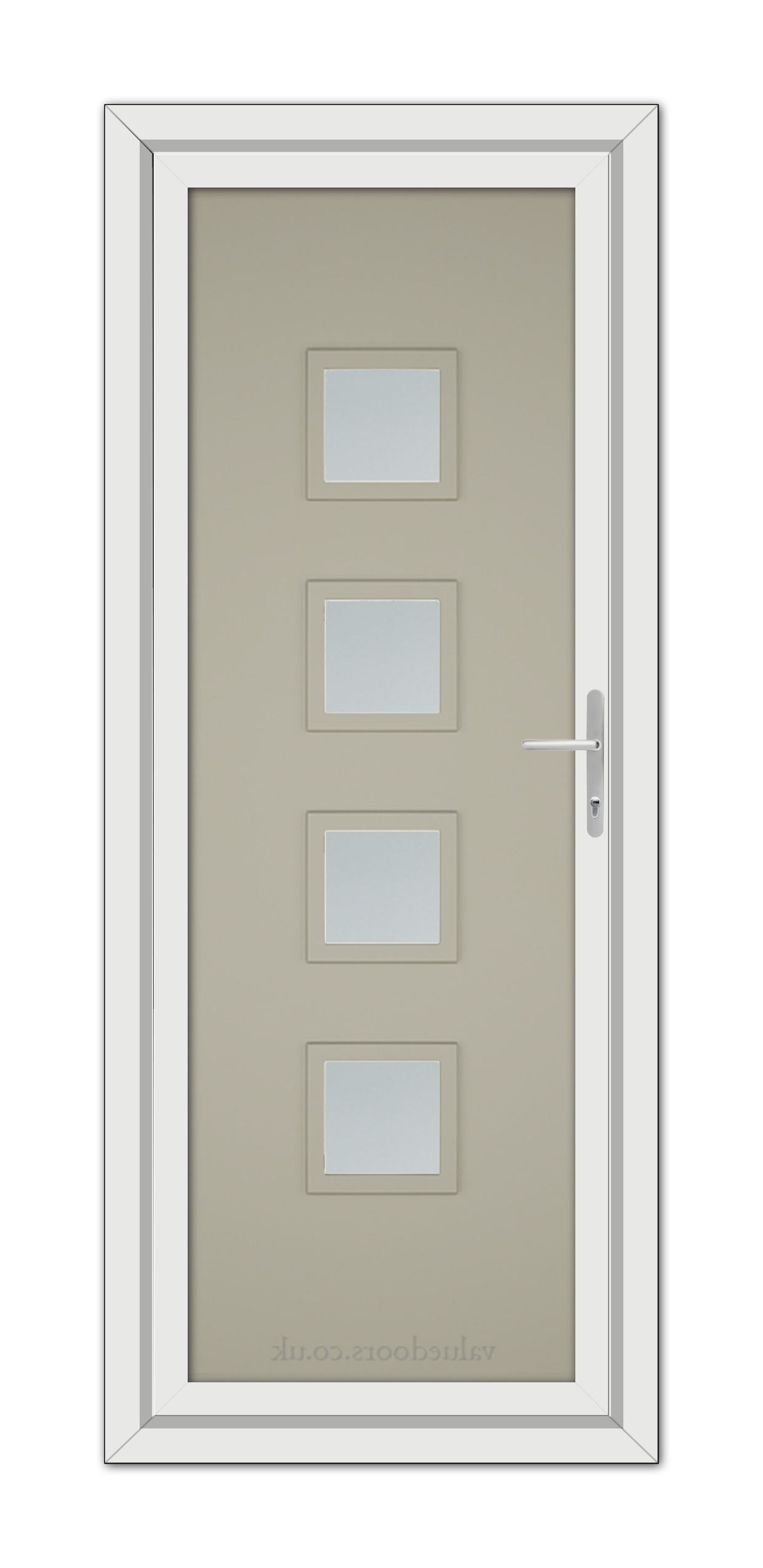 A Pebble Grey Modern 5034 uPVC door with four rectangular frosted glass panels, a white frame, and a metallic handle.