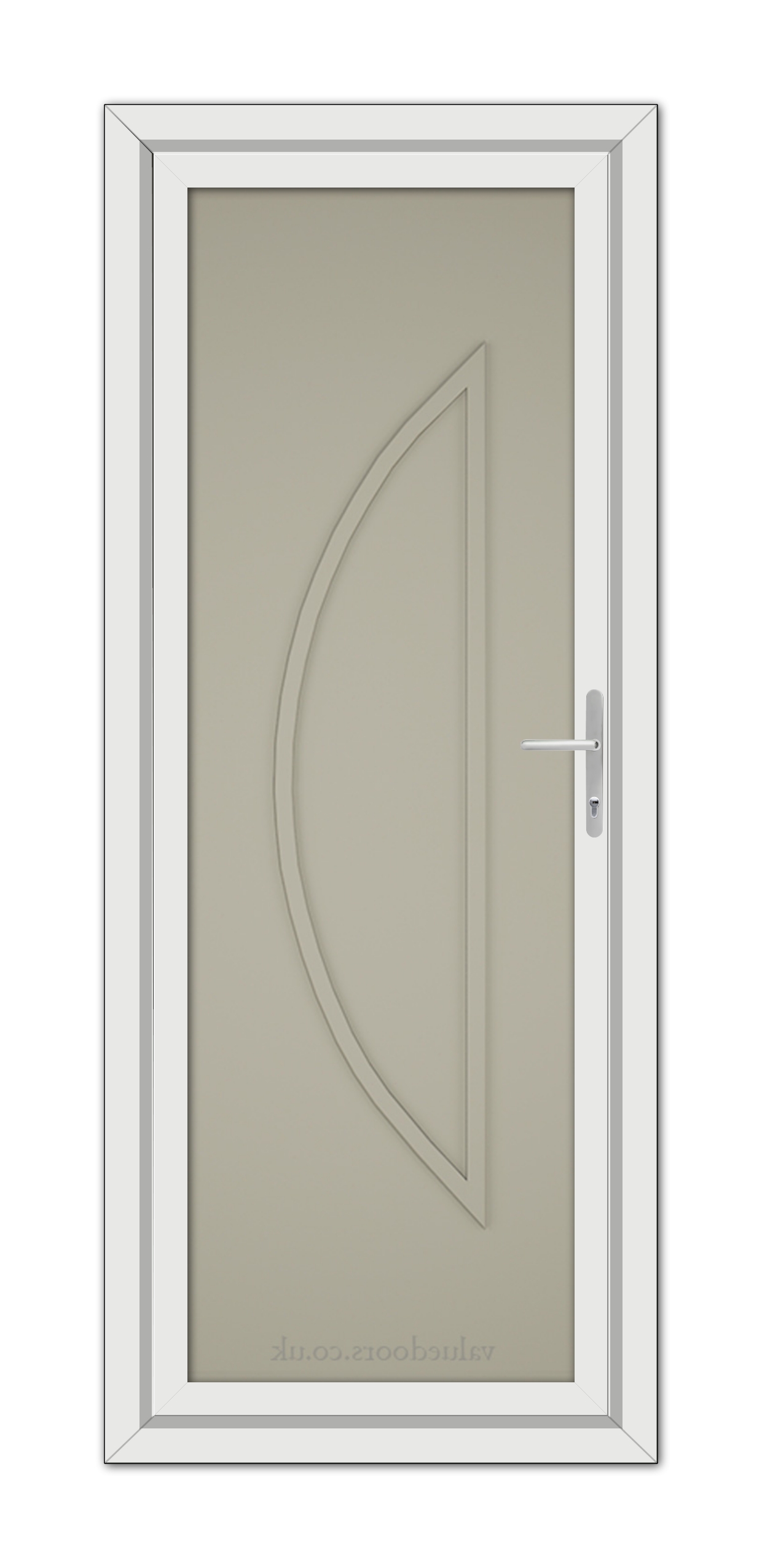 A vertical image of a Pebble Grey Modern 5051 Solid uPVC Door featuring a curved embossed design and a metallic handle, set within a simple frame.