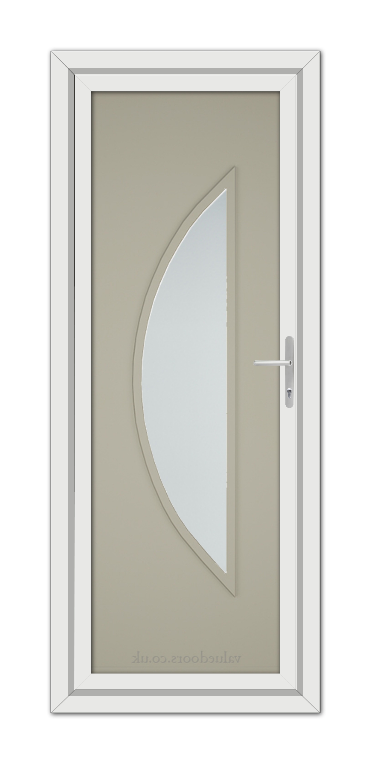 A Pebble Grey Modern 5051 uPVC Door featuring an opaque glass panel shaped like a stylized leaf, complete with a sleek handle on the right side.