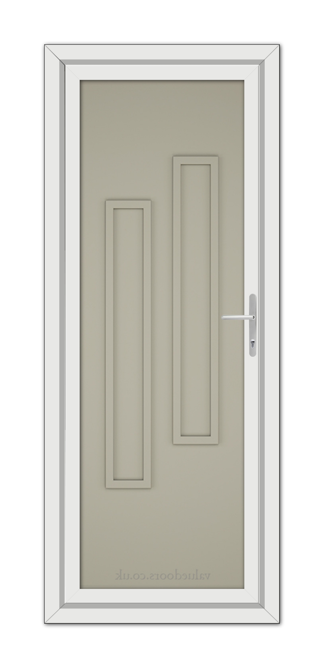 A Pebble Grey Modern 5082 Solid uPVC Door with a minimalist design and a metallic handle, set within a plain white frame.