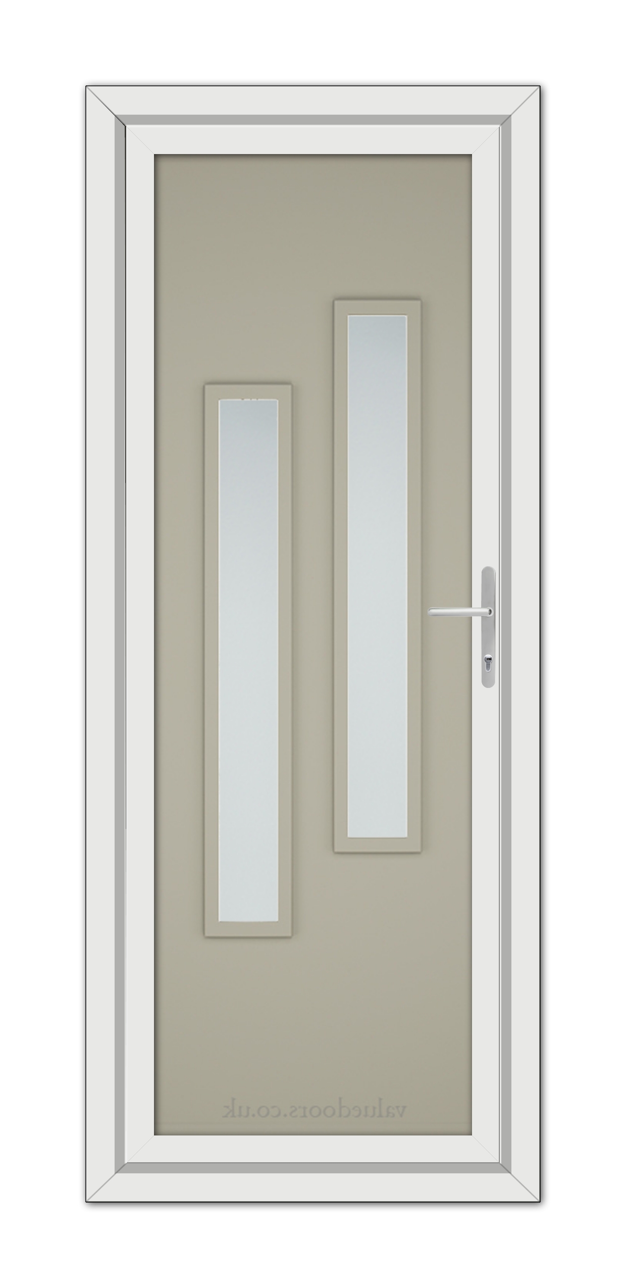 A modern Pebble Grey Modern 5082 uPVC door featuring two vertical glass panels and a metallic handle, set within a simple frame.