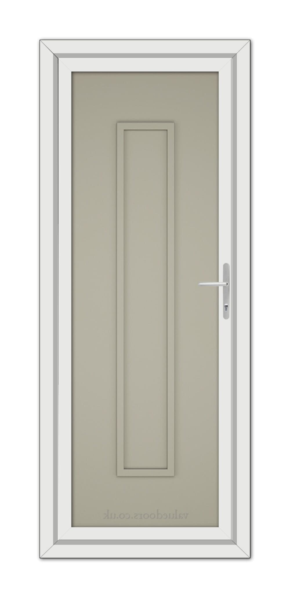 A modern, closed Pebble Grey Modern 5101 Solid uPVC Door with a simple handle, set in a white frame against a plain background.