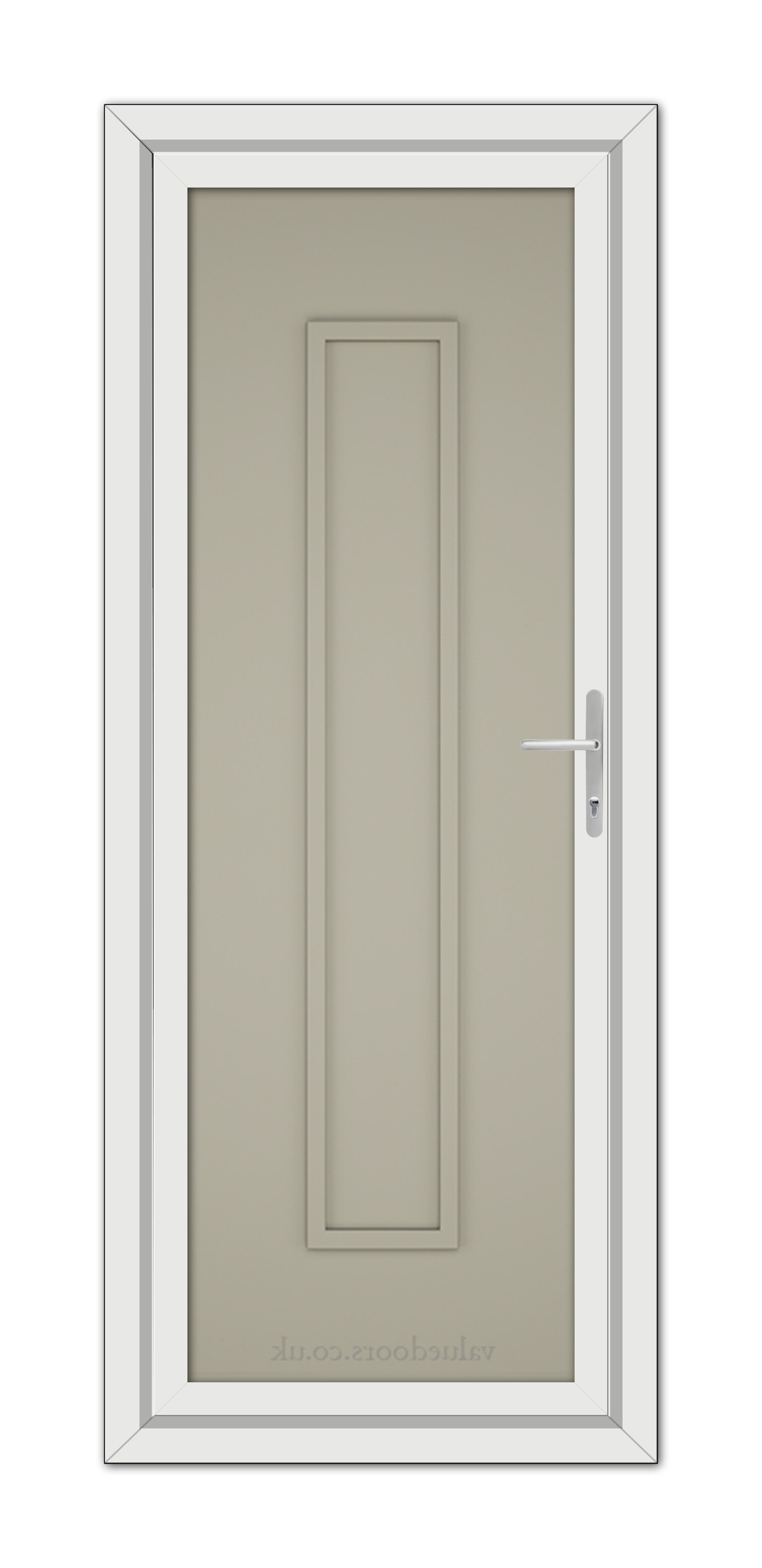 A modern, closed Pebble Grey Modern 5101 Solid uPVC Door with a simple handle, set in a white frame against a plain background.
