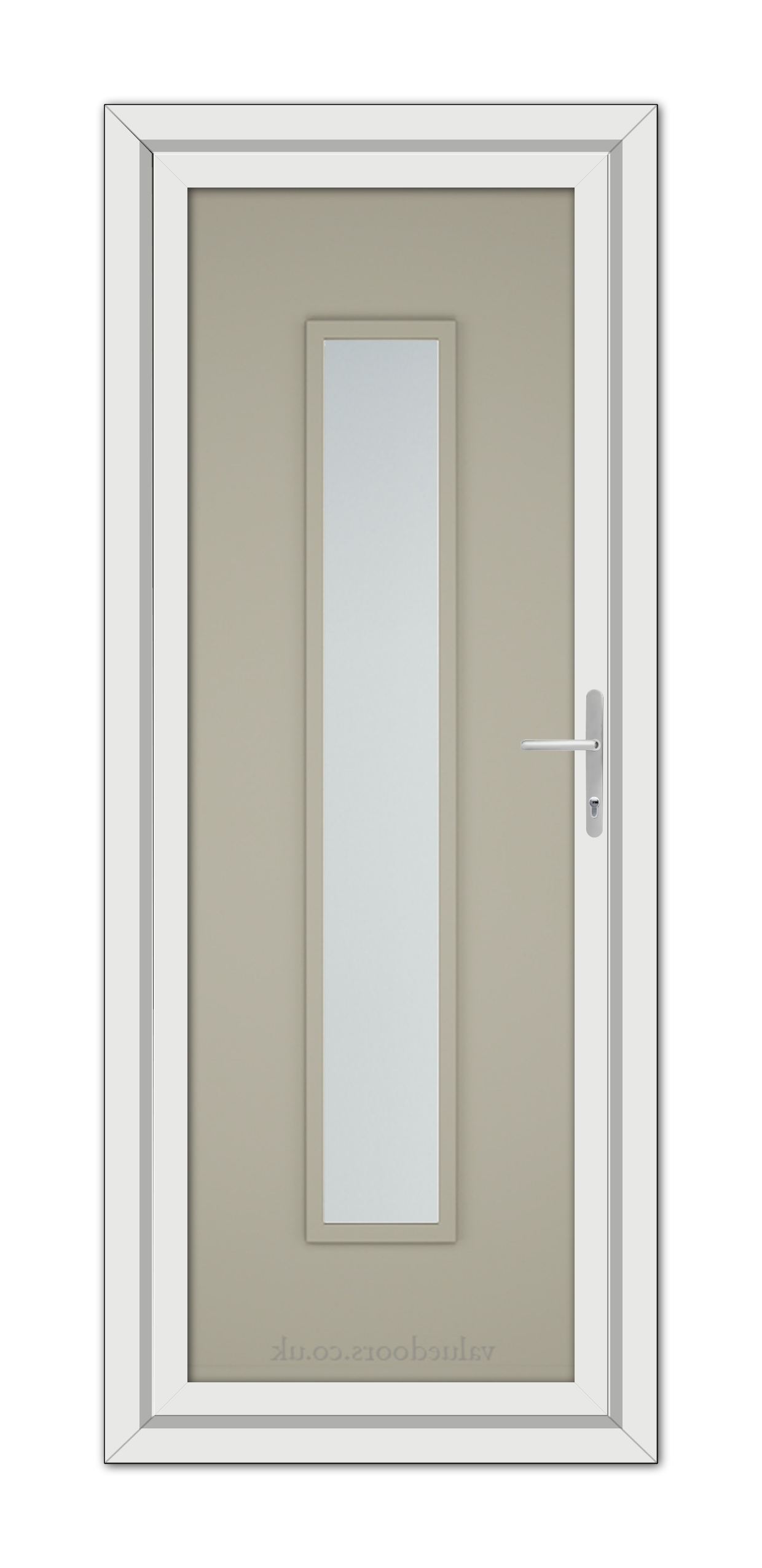 A Pebble Grey Modern 5101 uPVC door with a narrow vertical glass panel and a metallic handle, isolated on a white background.